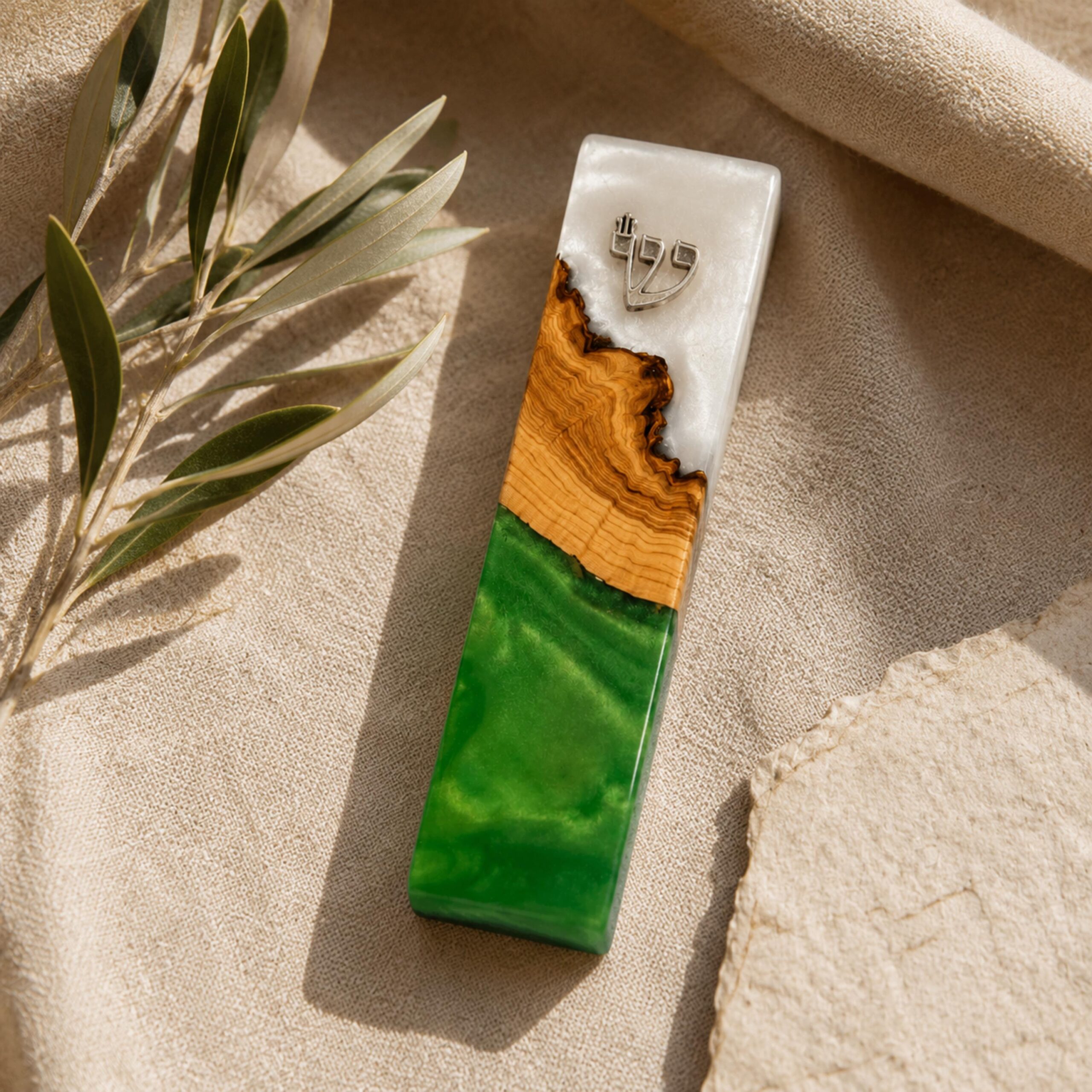 Green and White Epoxy Olive Wood Mezuzah Case, 15cm Jewish Doorpost Green and White Epoxy Olive Wood Mezuzah Case, 15cm Jewish Doorpost