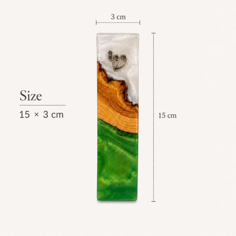 Green and White Epoxy Olive Wood Mezuzah Case, 15cm Jewish Doorpost, Made in Israel - handmade in Israel