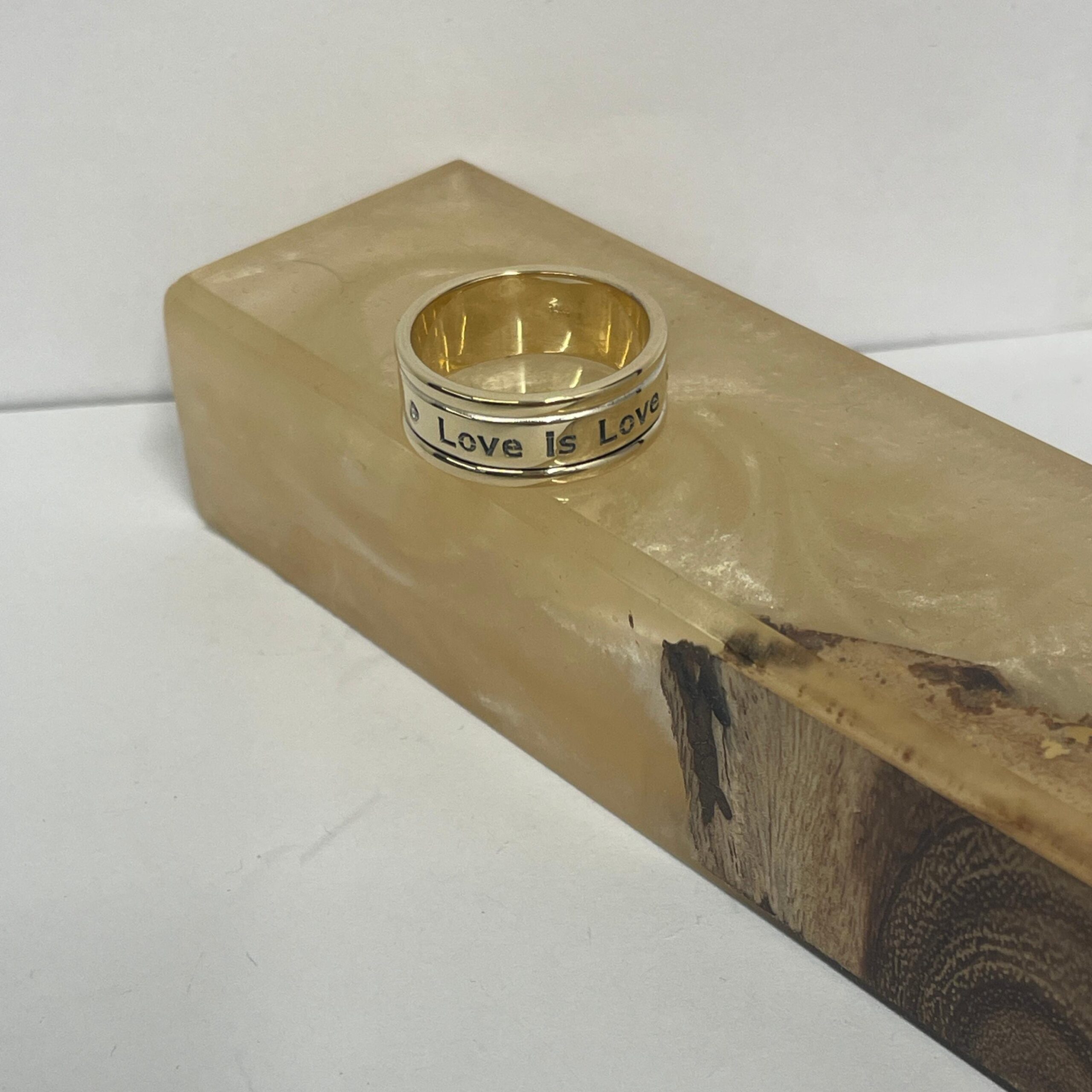14K Solid Gold Engraved Wedding Band, Two Diamonds, Love is Love Message 14K Solid Gold Engraved Wedding Band, Two Diamonds, Love is Love Message