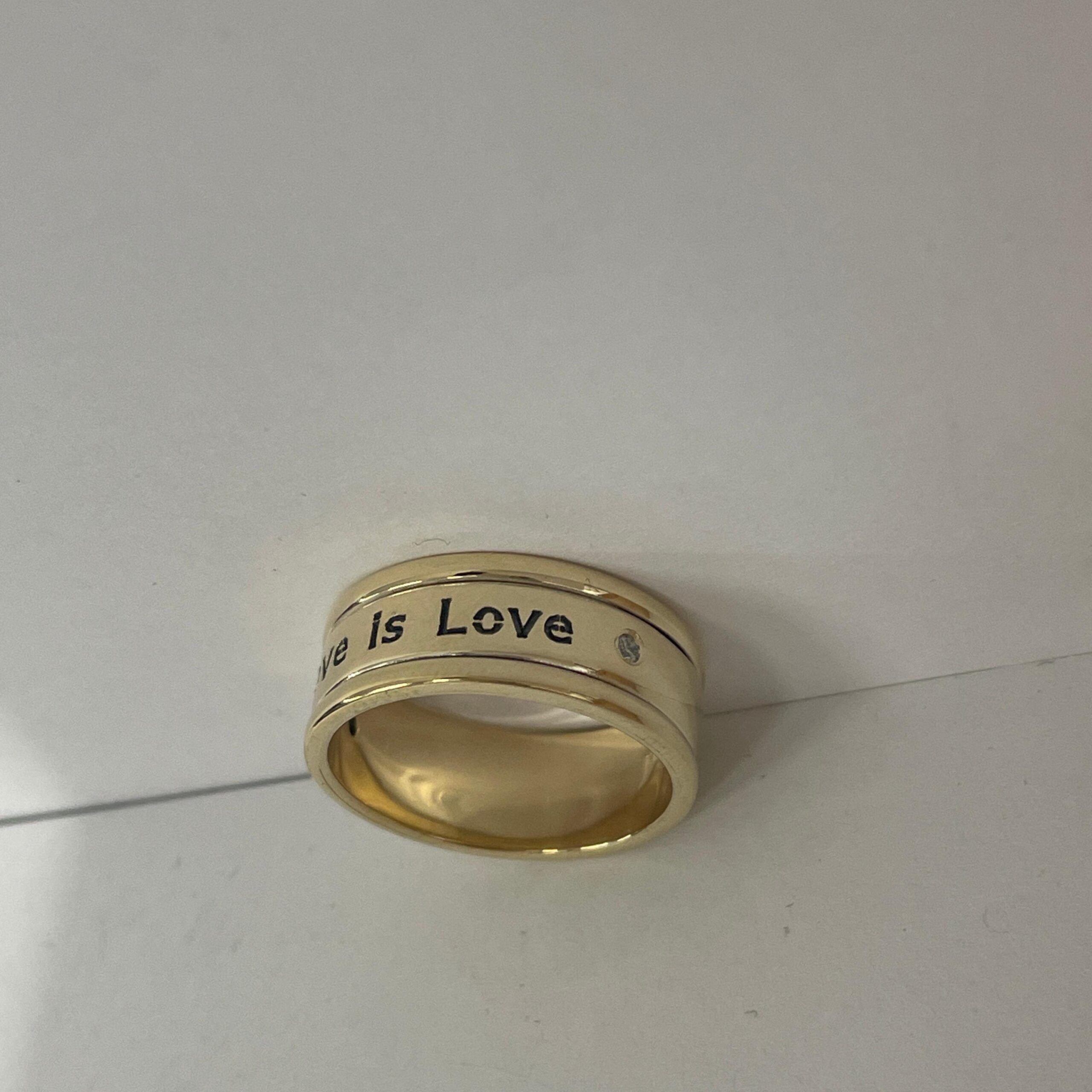14K Solid Gold Engraved Wedding Band, Two Diamonds, Love is Love Message 14K Solid Gold Engraved Wedding Band, Two Diamonds, Love is Love Message