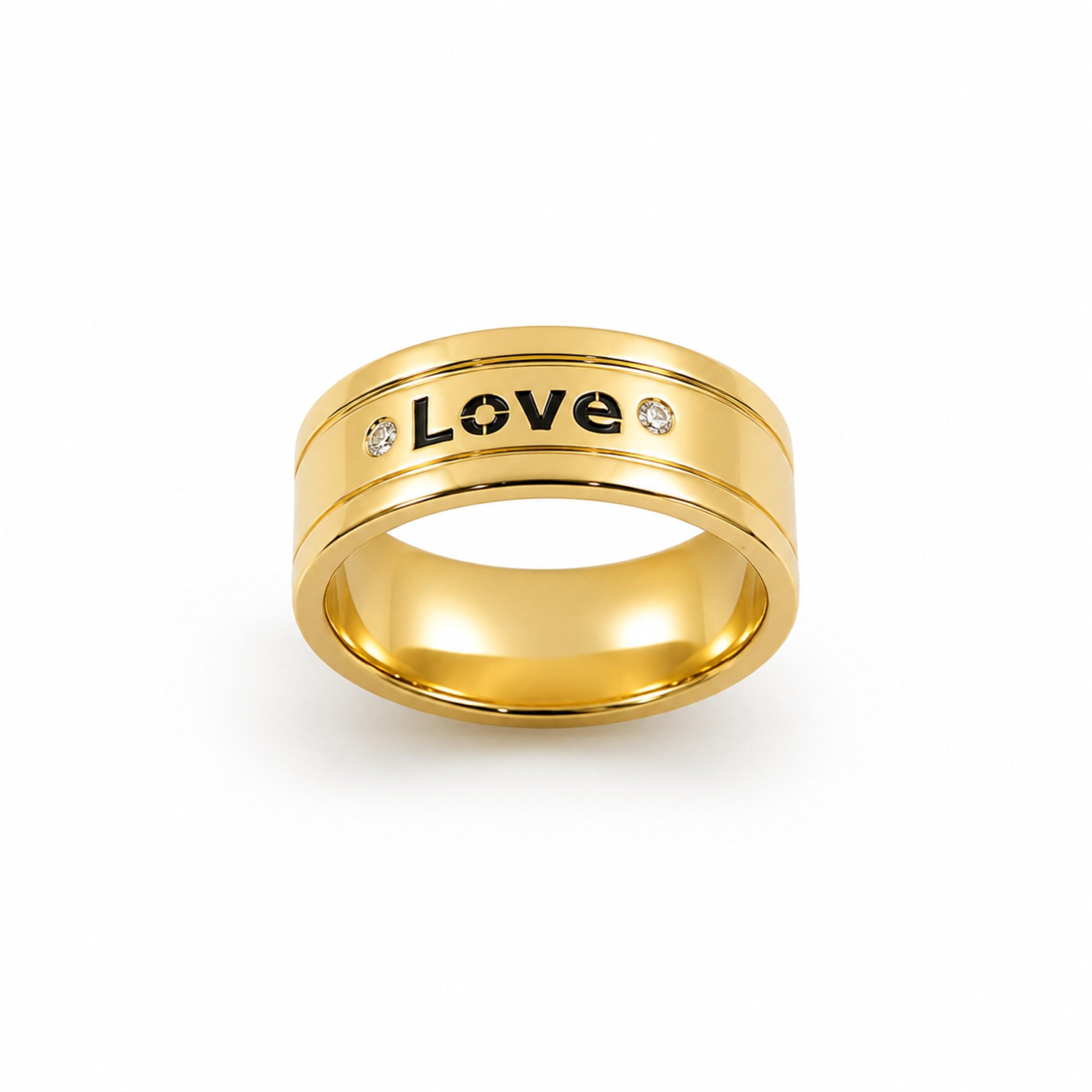 14K Solid Gold Engraved Wedding Band, Two Diamonds, Love is Love Message 14K Solid Gold Engraved Wedding Band, Two Diamonds, Love is Love Message