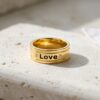 14K Solid Gold Engraved Wedding Band, Two Diamonds, Love is Love Message - handmade in Israel