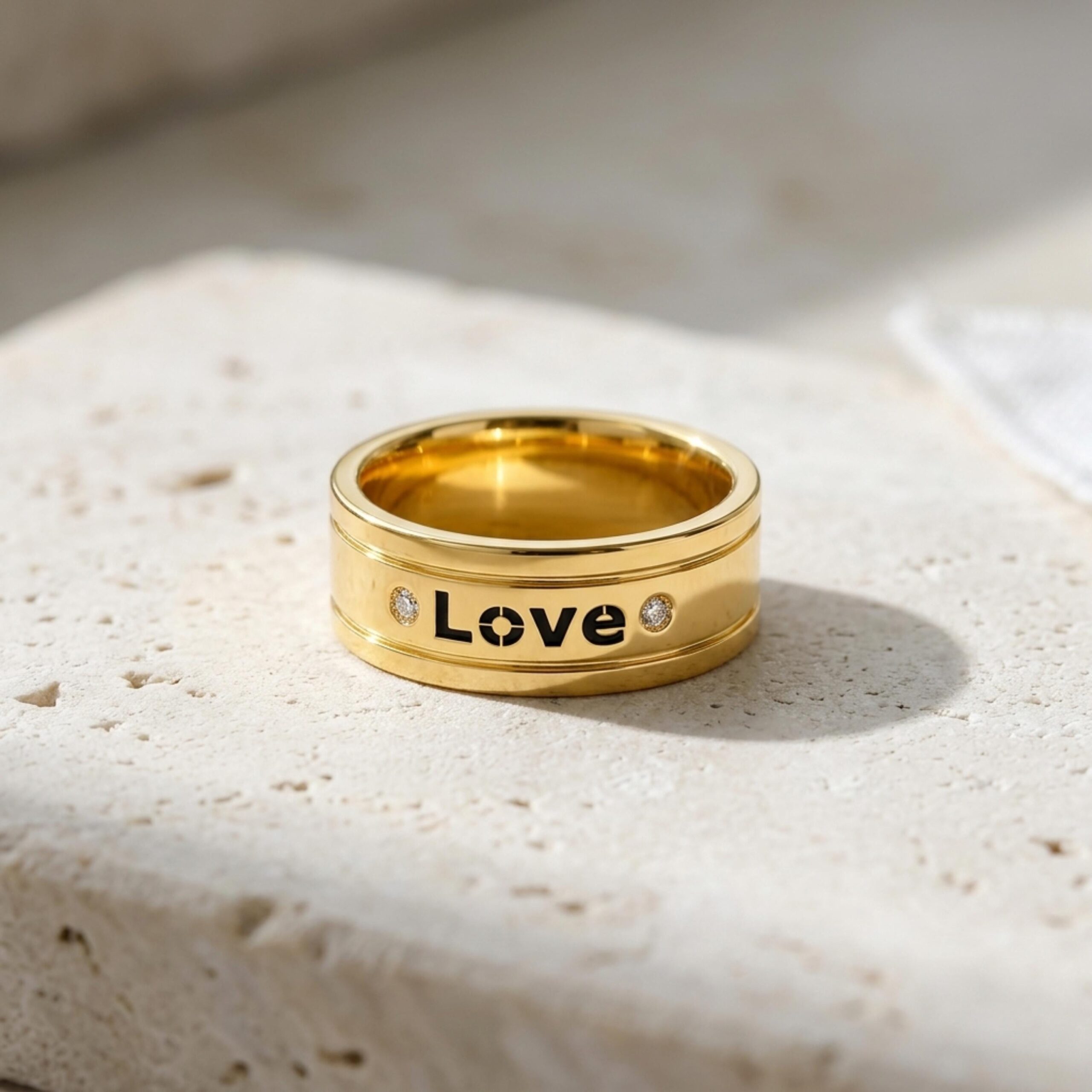14K Solid Gold Engraved Wedding Band, Two Diamonds, Love is Love Message 14K Solid Gold Engraved Wedding Band, Two Diamonds, Love is Love Message