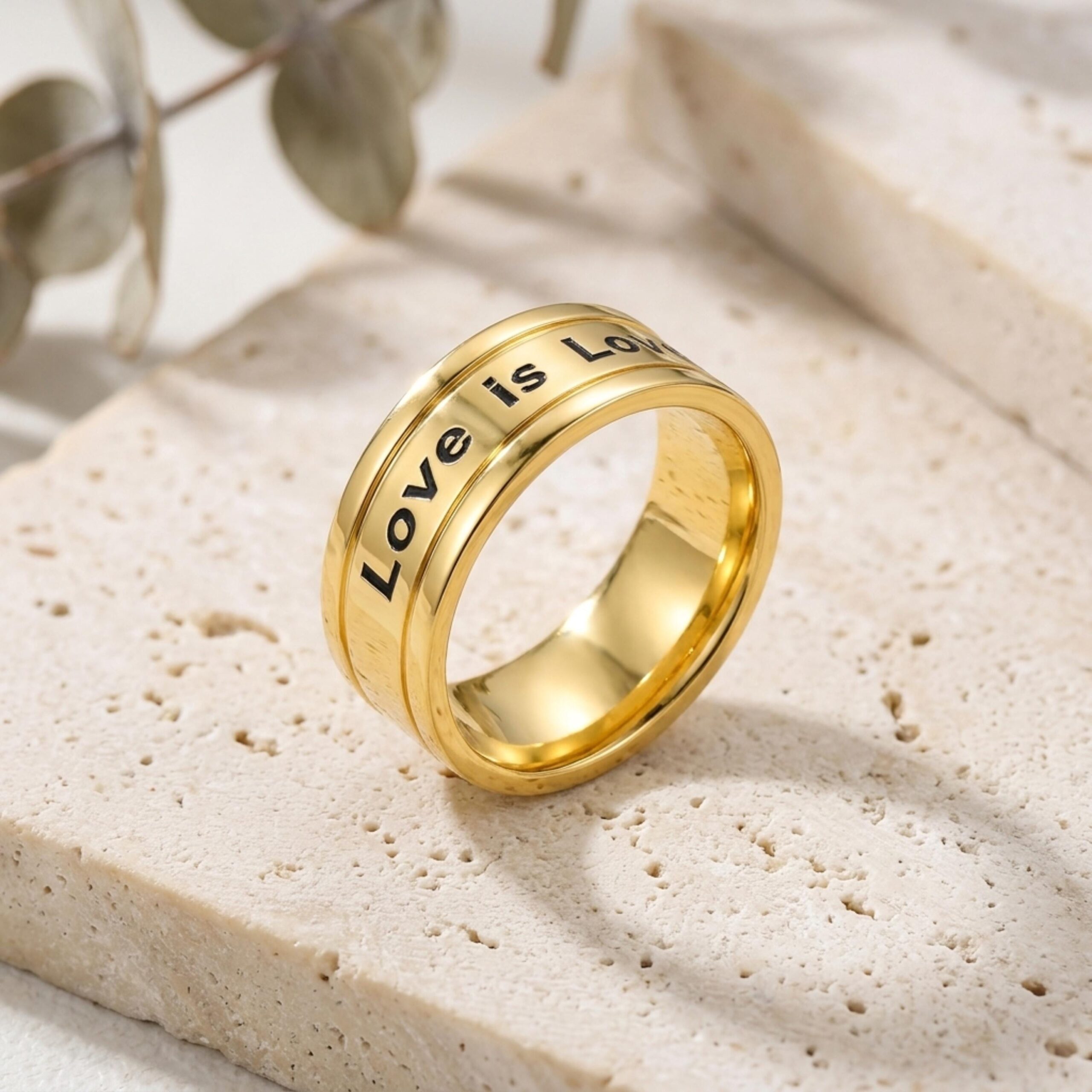 14K Solid Gold Engraved Wedding Band, Two Diamonds, Love is Love Message 14K Solid Gold Engraved Wedding Band, Two Diamonds, Love is Love Message