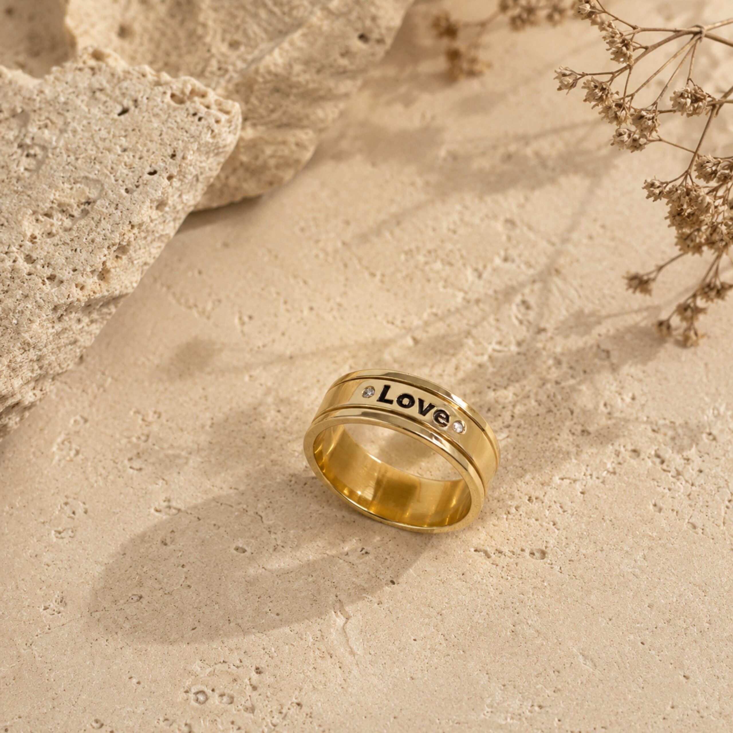 14K Solid Gold Engraved Wedding Band, Two Diamonds, Love is Love Message 14K Solid Gold Engraved Wedding Band, Two Diamonds, Love is Love Message