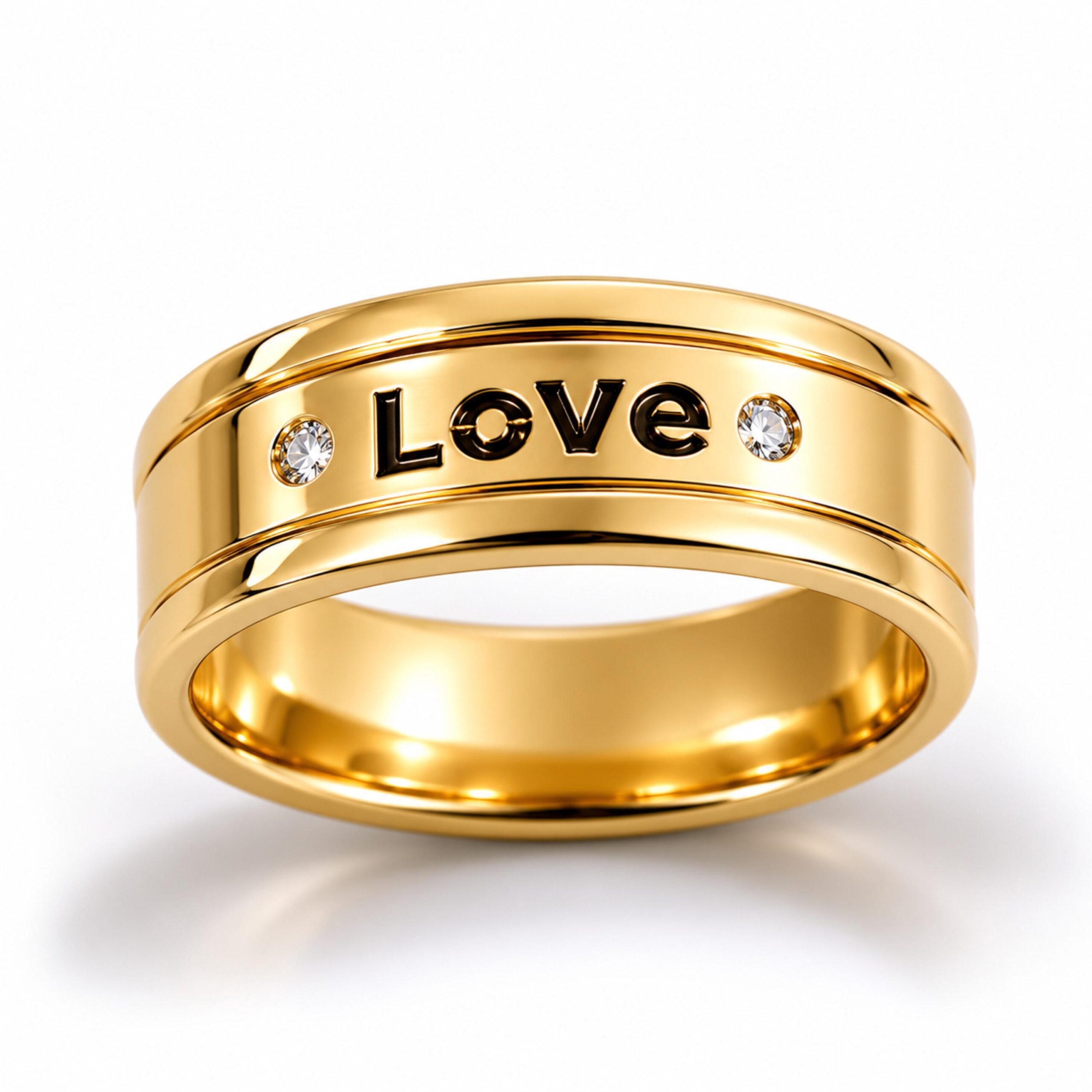 14K Solid Gold Engraved Wedding Band, Two Diamonds, Love is Love Message 14K Solid Gold Engraved Wedding Band, Two Diamonds, Love is Love Message