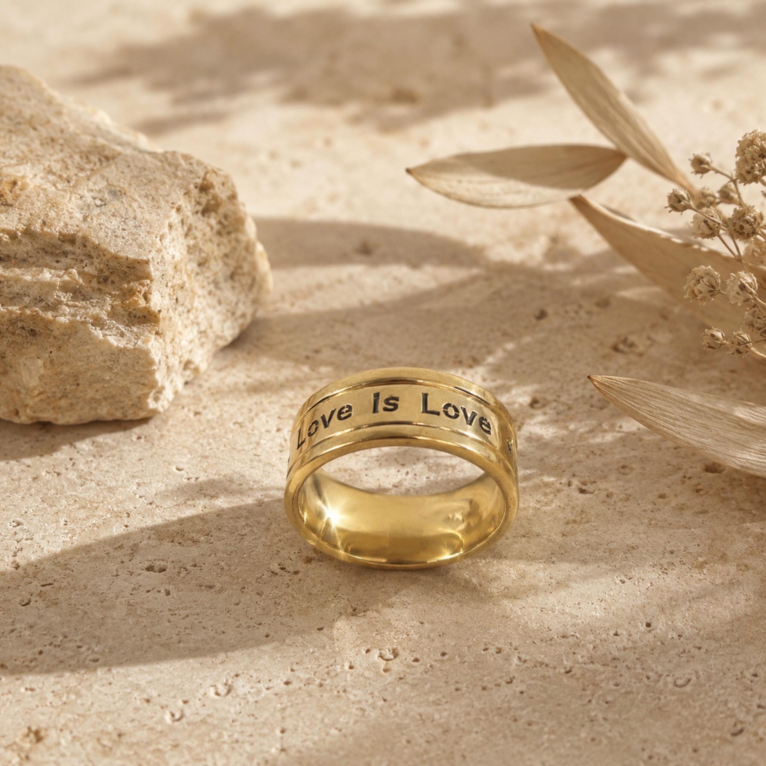14K Solid Gold Engraved Wedding Band, Two Diamonds, Love is Love Message 14K Solid Gold Engraved Wedding Band, Two Diamonds, Love is Love Message