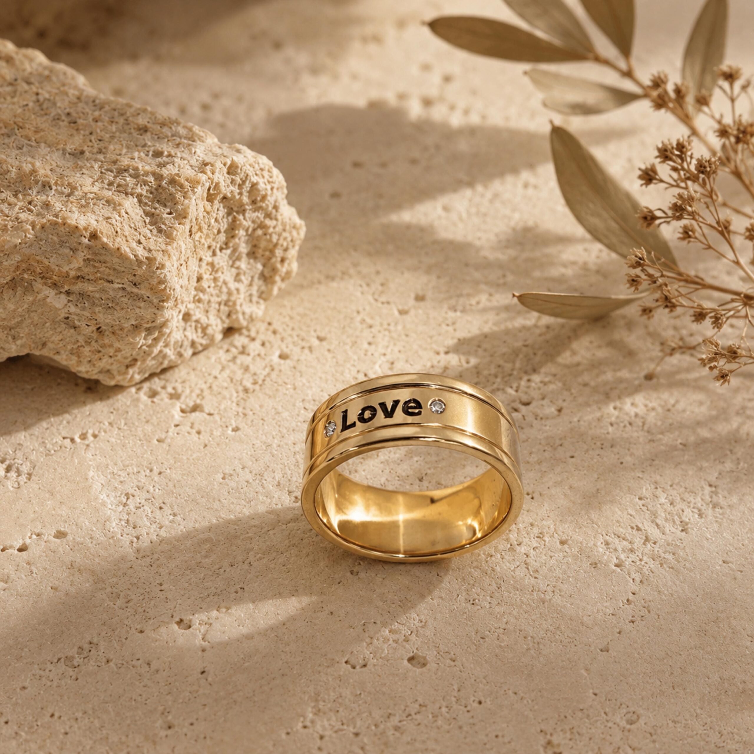 14K Solid Gold Engraved Wedding Band, Two Diamonds, Love is Love Message 14K Solid Gold Engraved Wedding Band, Two Diamonds, Love is Love Message