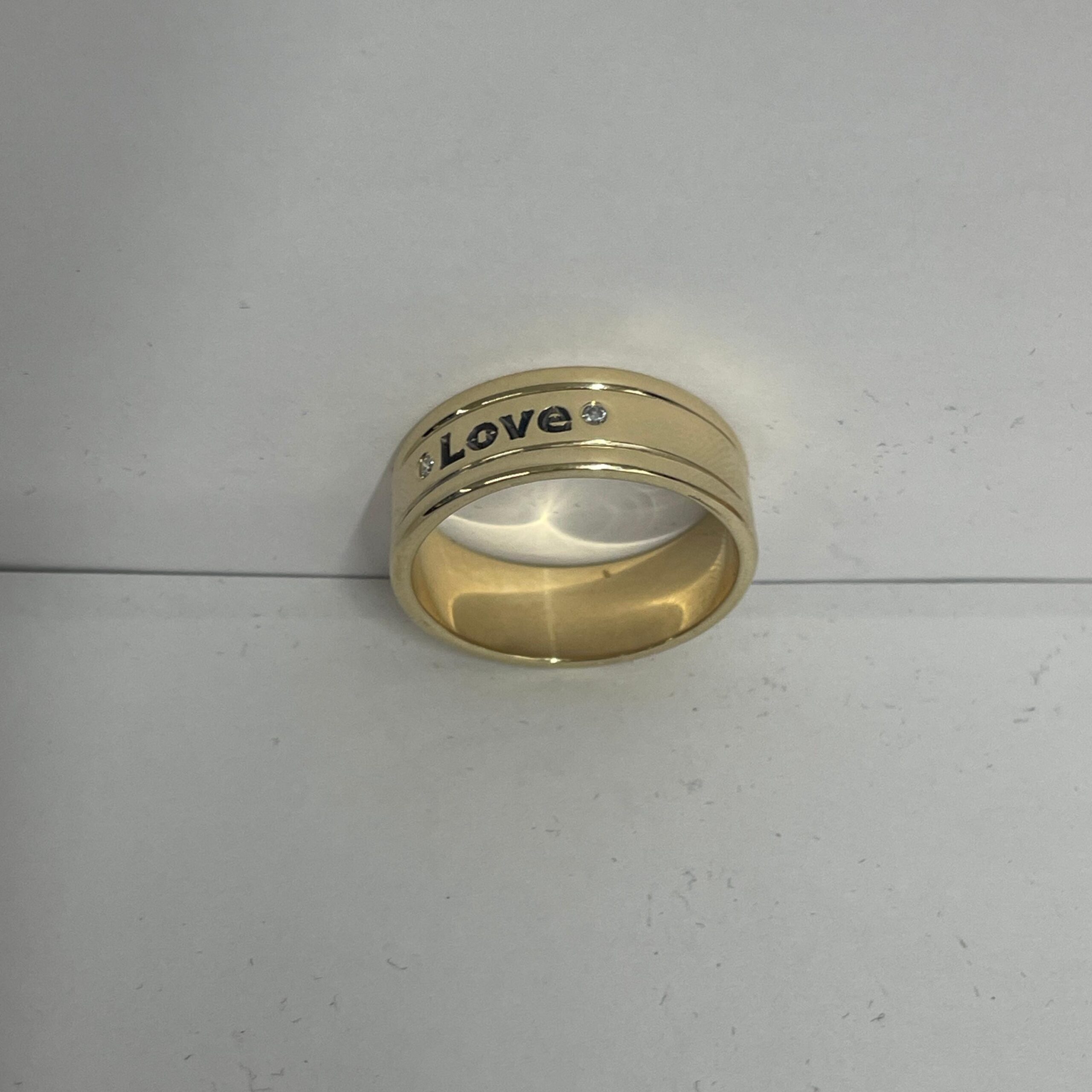 14K Solid Gold Engraved Wedding Band, Two Diamonds, Love is Love Message 14K Solid Gold Engraved Wedding Band, Two Diamonds, Love is Love Message