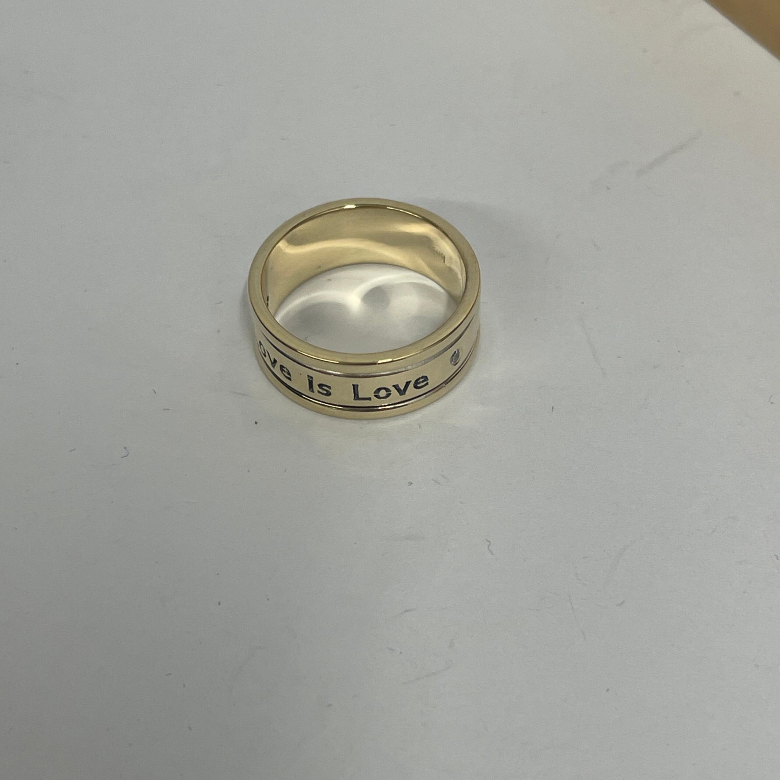 14K Solid Gold Engraved Wedding Band, Two Diamonds, Love is Love Message 14K Solid Gold Engraved Wedding Band, Two Diamonds, Love is Love Message