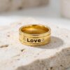 14K Solid Gold Engraved Wedding Band, Two Diamonds, Love is Love Message - handmade in Israel
