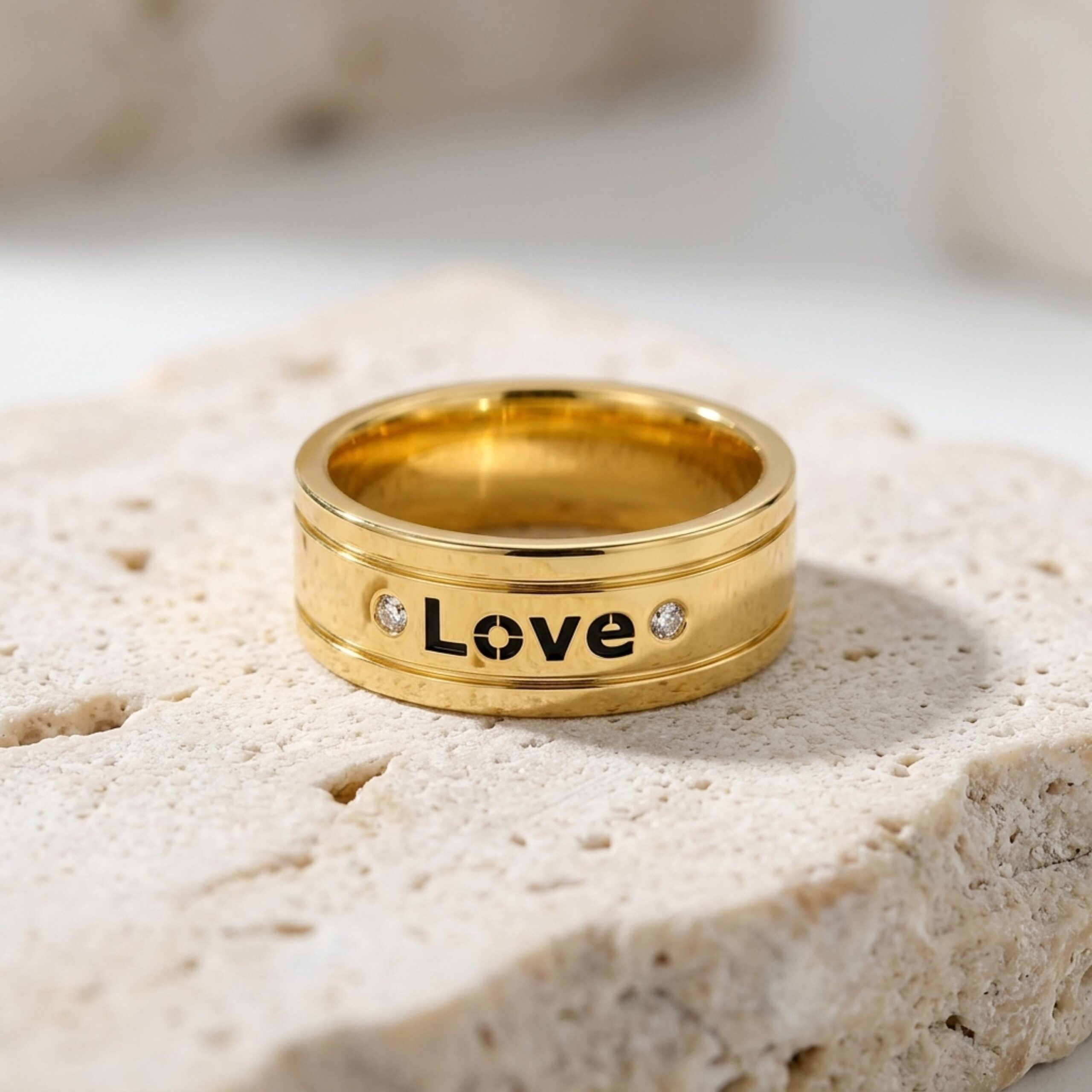 14K Solid Gold Engraved Wedding Band, Two Diamonds, Love is Love Message 14K Solid Gold Engraved Wedding Band, Two Diamonds, Love is Love Message