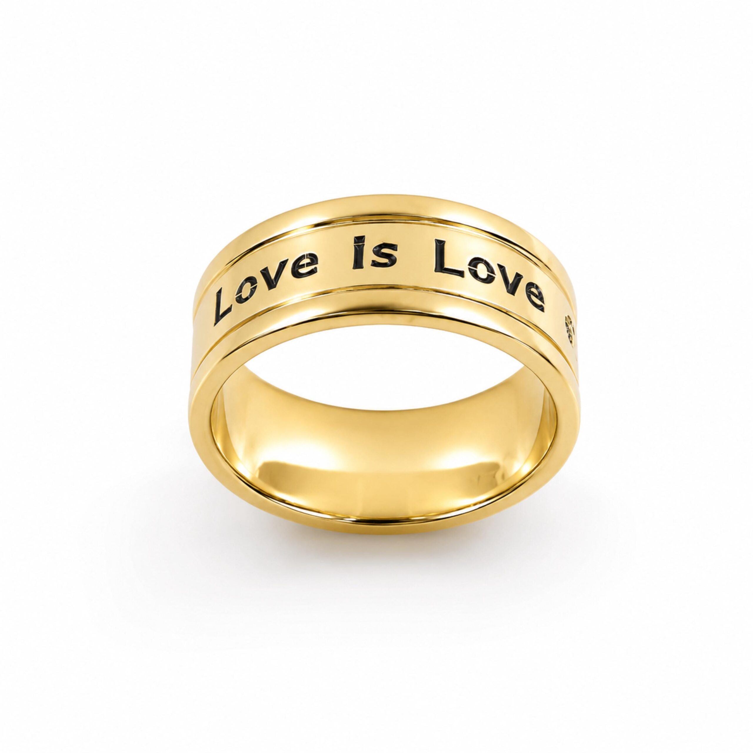 14K Solid Gold Engraved Wedding Band, Two Diamonds, Love is Love Message 14K Solid Gold Engraved Wedding Band, Two Diamonds, Love is Love Message