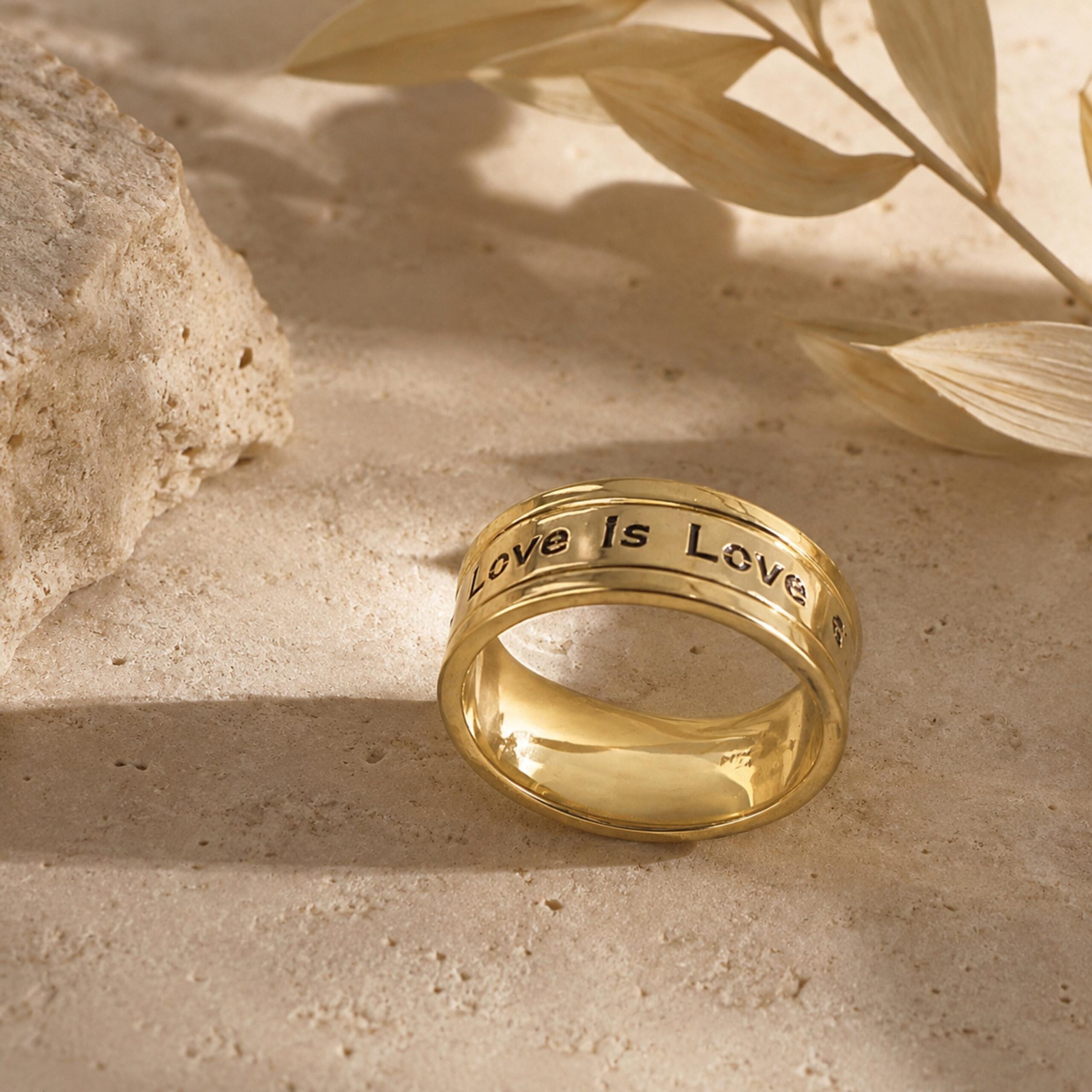 14K Solid Gold Engraved Wedding Band, Two Diamonds, Love is Love Message 14K Solid Gold Engraved Wedding Band, Two Diamonds, Love is Love Message