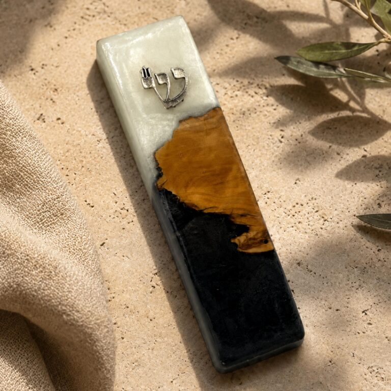 Handmade olive wood mezuzah with black and white epoxy