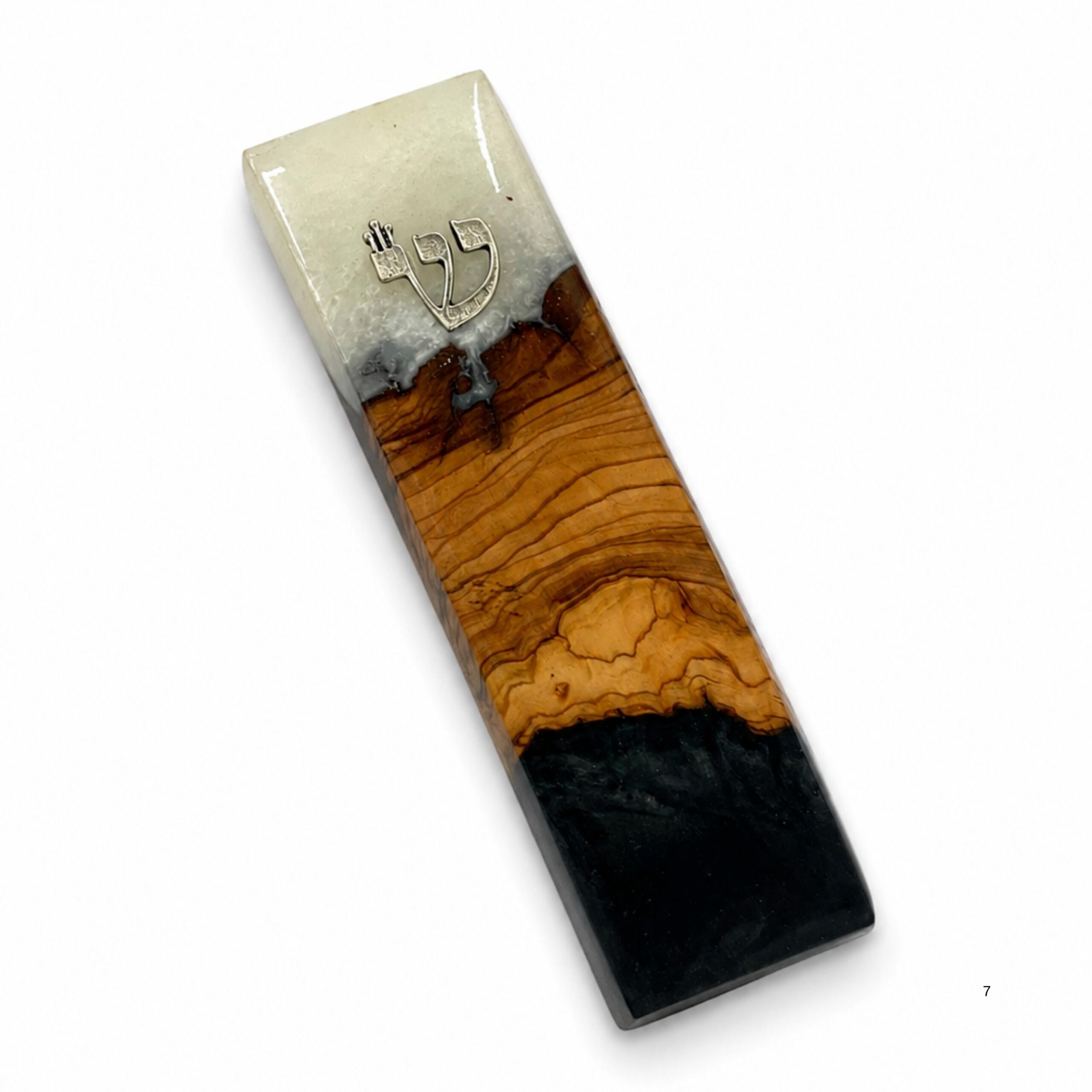 Handmade Olive Wood Mezuzah, Black & White Epoxy, Modern Judaica Handmade Olive Wood Mezuzah, Black & White Epoxy, Modern Judaica