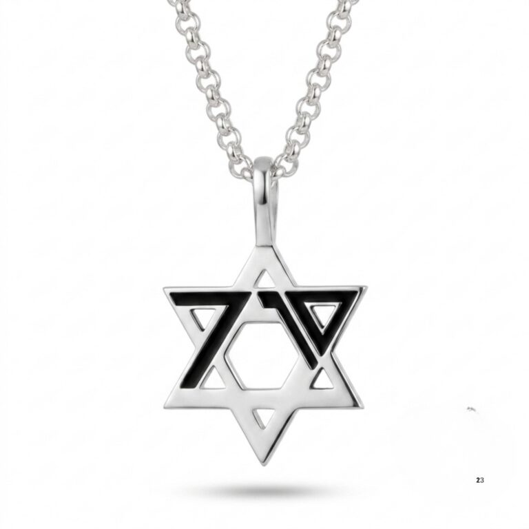 October 7 Star of David necklace in 925 sterling silver with black enamel date, on a white background