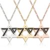 Three October 7 Star of David pendants in silver, gold and rose gold, close up