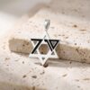Silver October 7 Star of David charm with black enamel, standing on a stone ledge