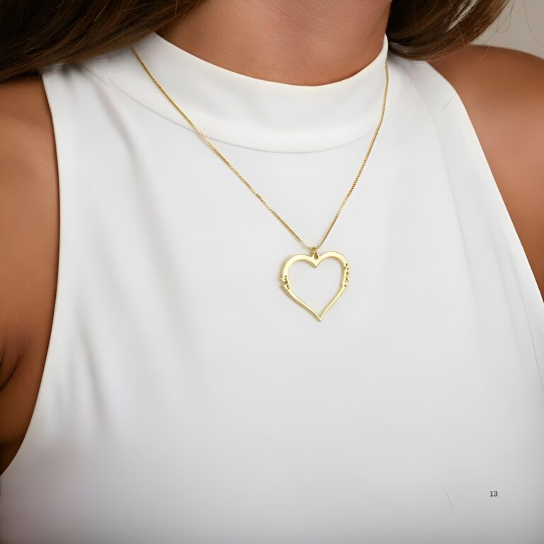14K Gold Hebrew Name Heart Necklace with Two Kids' Names - handmade in Israel