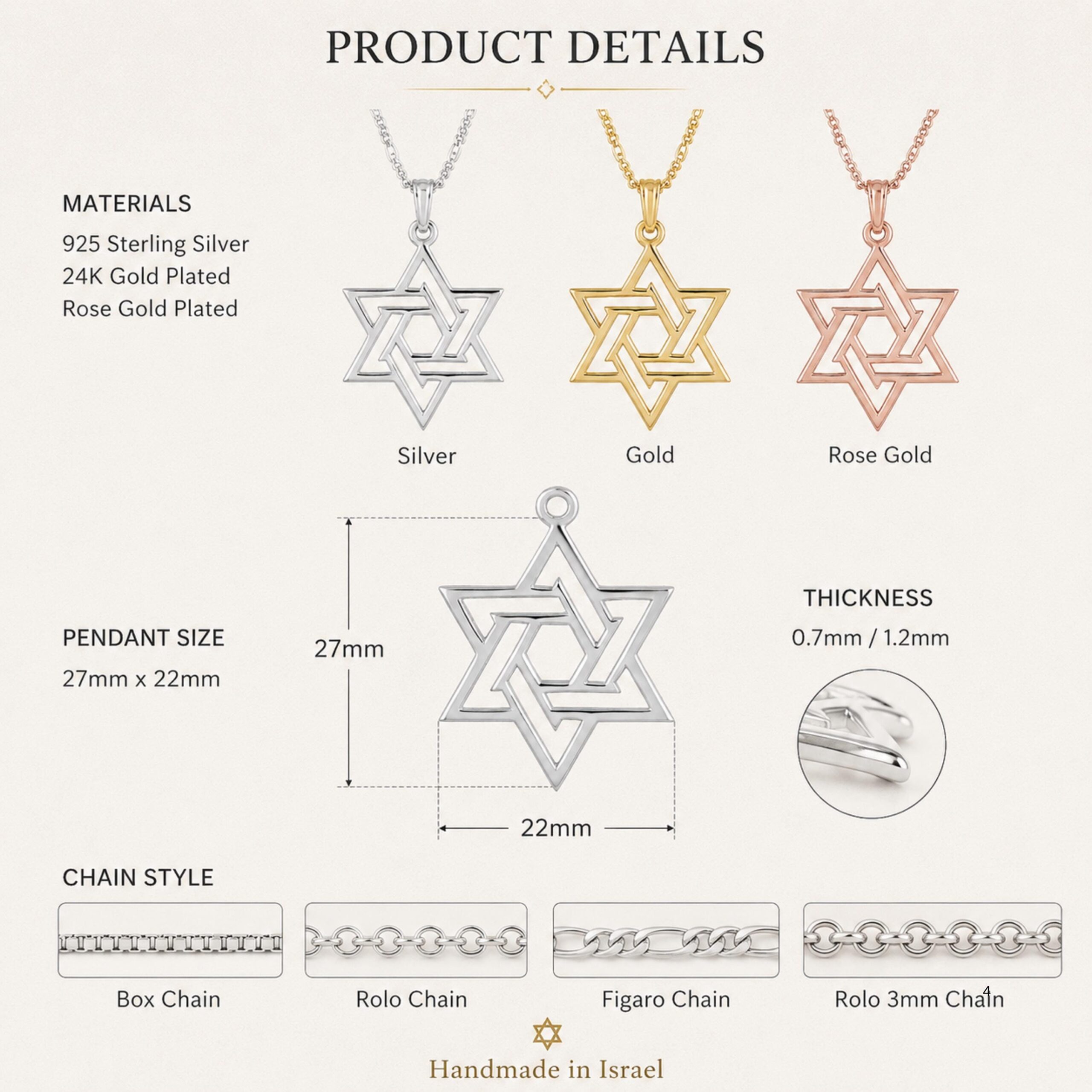 Sterling Silver Geometric Star of David Necklace, Handmade in Israel Sterling Silver Geometric Star of David Necklace, Handmade in Israel