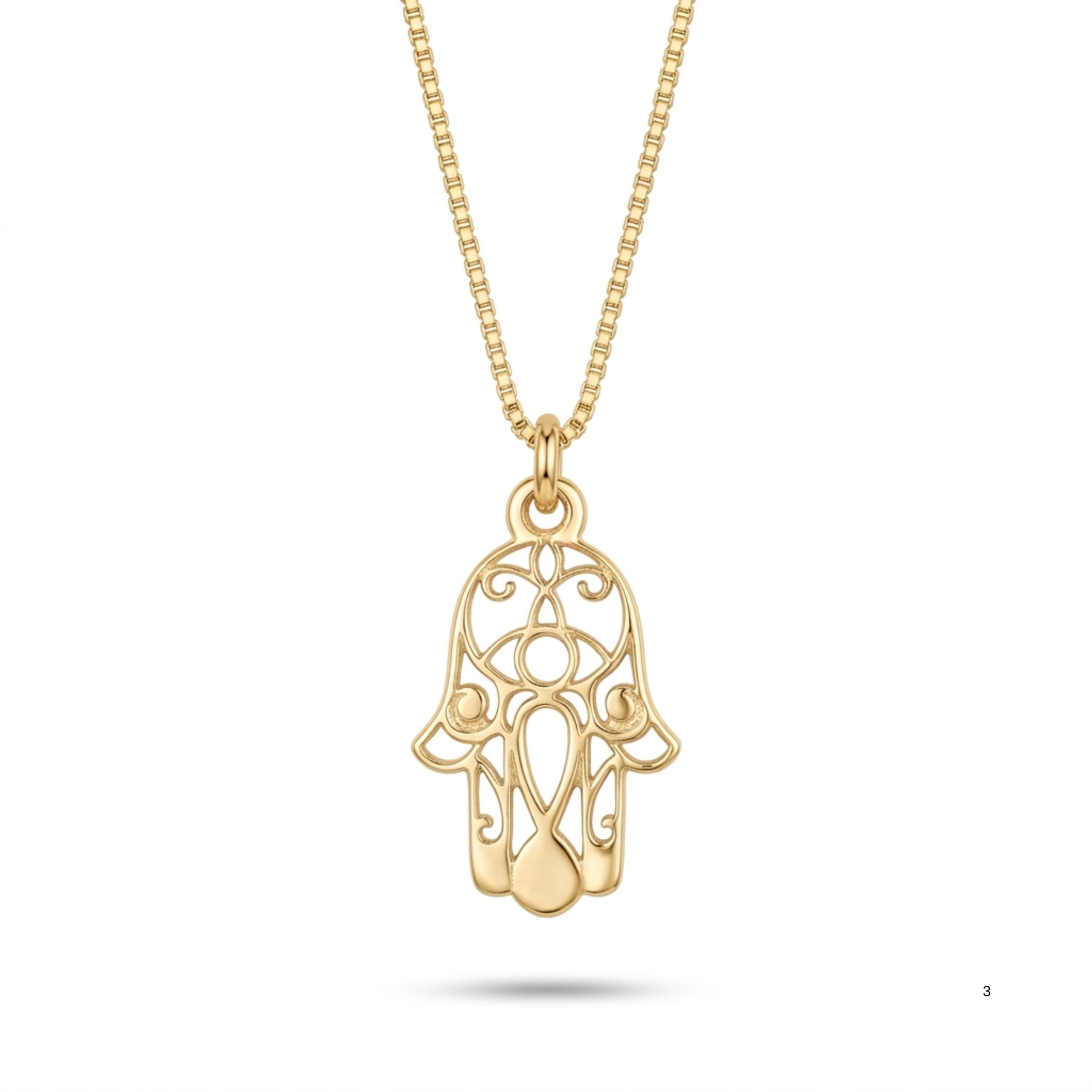 Sterling Silver Hamsa Necklace, 18mm Openwork Pendant, Gold Plated Finish Sterling Silver Hamsa Necklace, 18mm Openwork Pendant, Gold Plated Finish