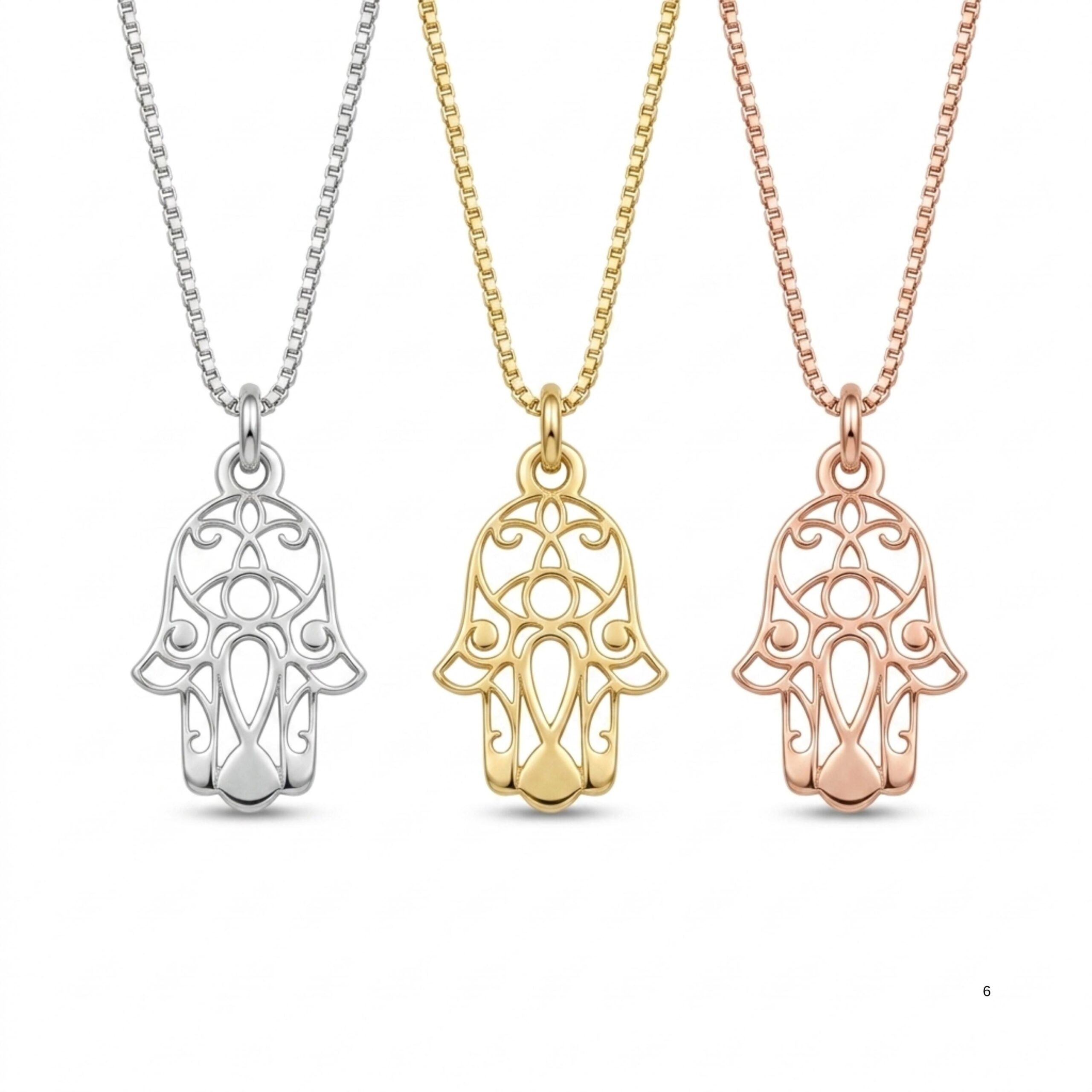 Sterling Silver Hamsa Necklace, 18mm Openwork Pendant, Gold Plated Finish Sterling Silver Hamsa Necklace, 18mm Openwork Pendant, Gold Plated Finish
