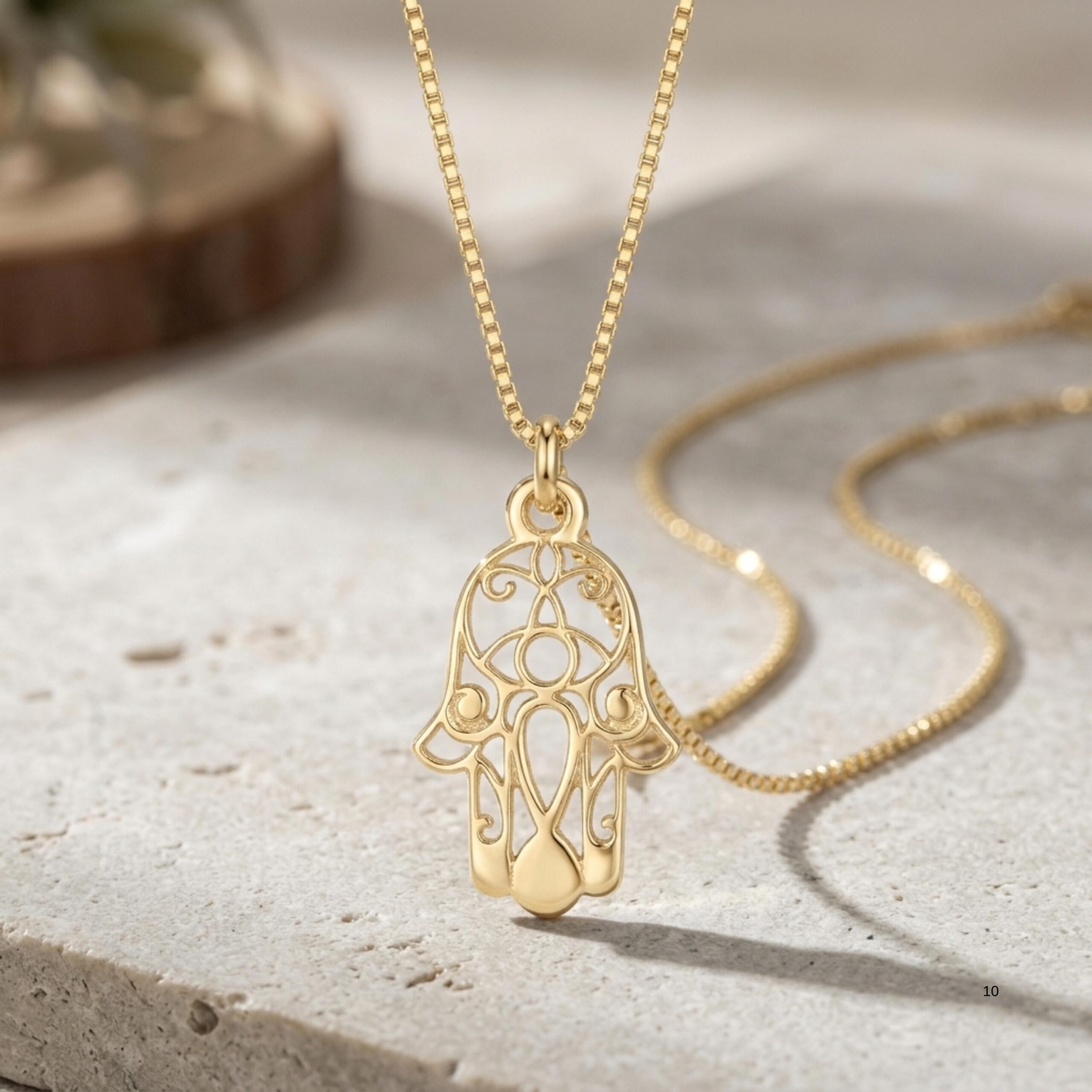 Sterling Silver Hamsa Necklace, 18mm Openwork Pendant, Gold Plated Finish Sterling Silver Hamsa Necklace, 18mm Openwork Pendant, Gold Plated Finish