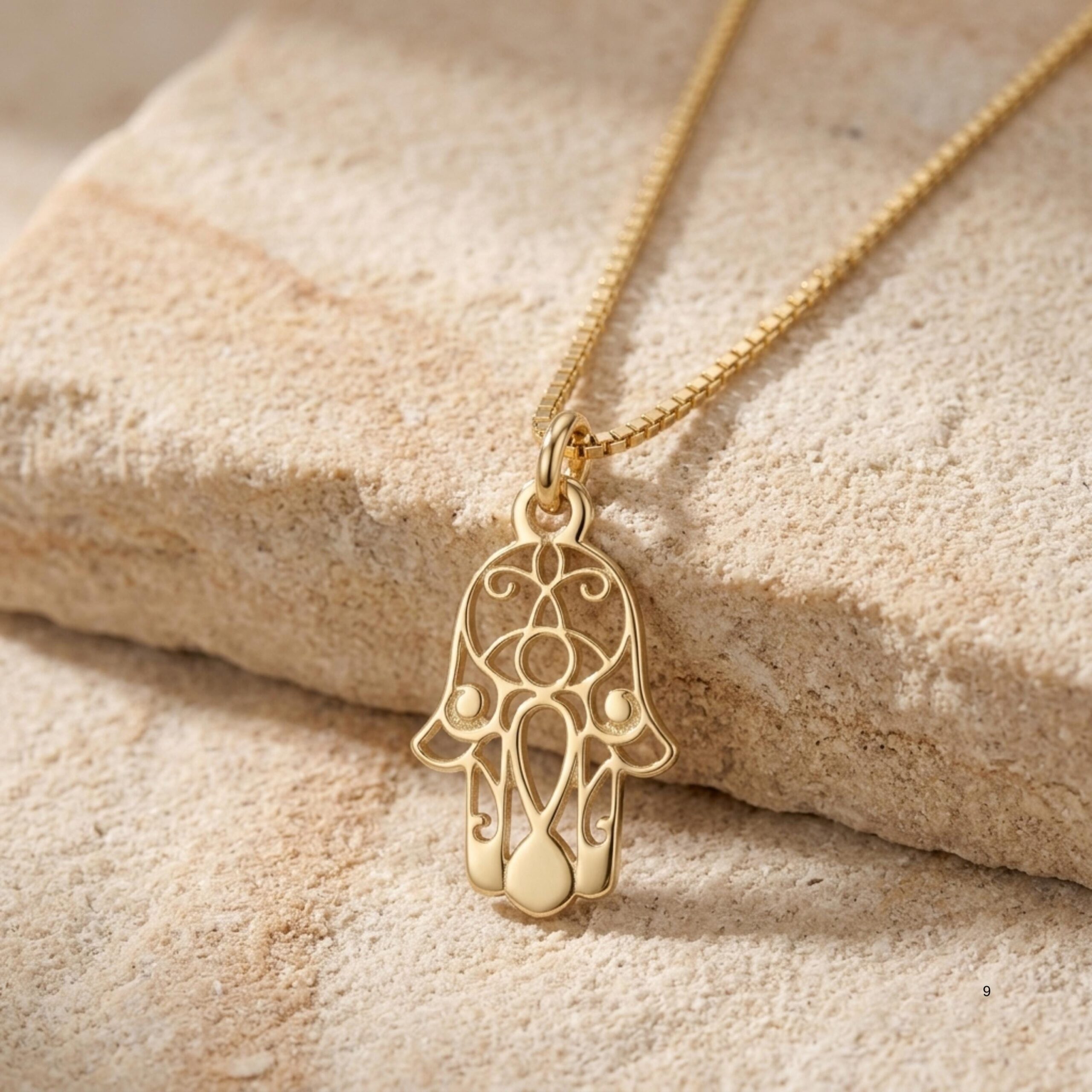 Sterling Silver Hamsa Necklace, 18mm Openwork Pendant, Gold Plated Finish Sterling Silver Hamsa Necklace, 18mm Openwork Pendant, Gold Plated Finish