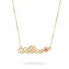 Solid Gold Name Necklace 14K Yellow or White, Birthstone Flower Charm, Cursive Nameplate 45mm - handmade in Israel