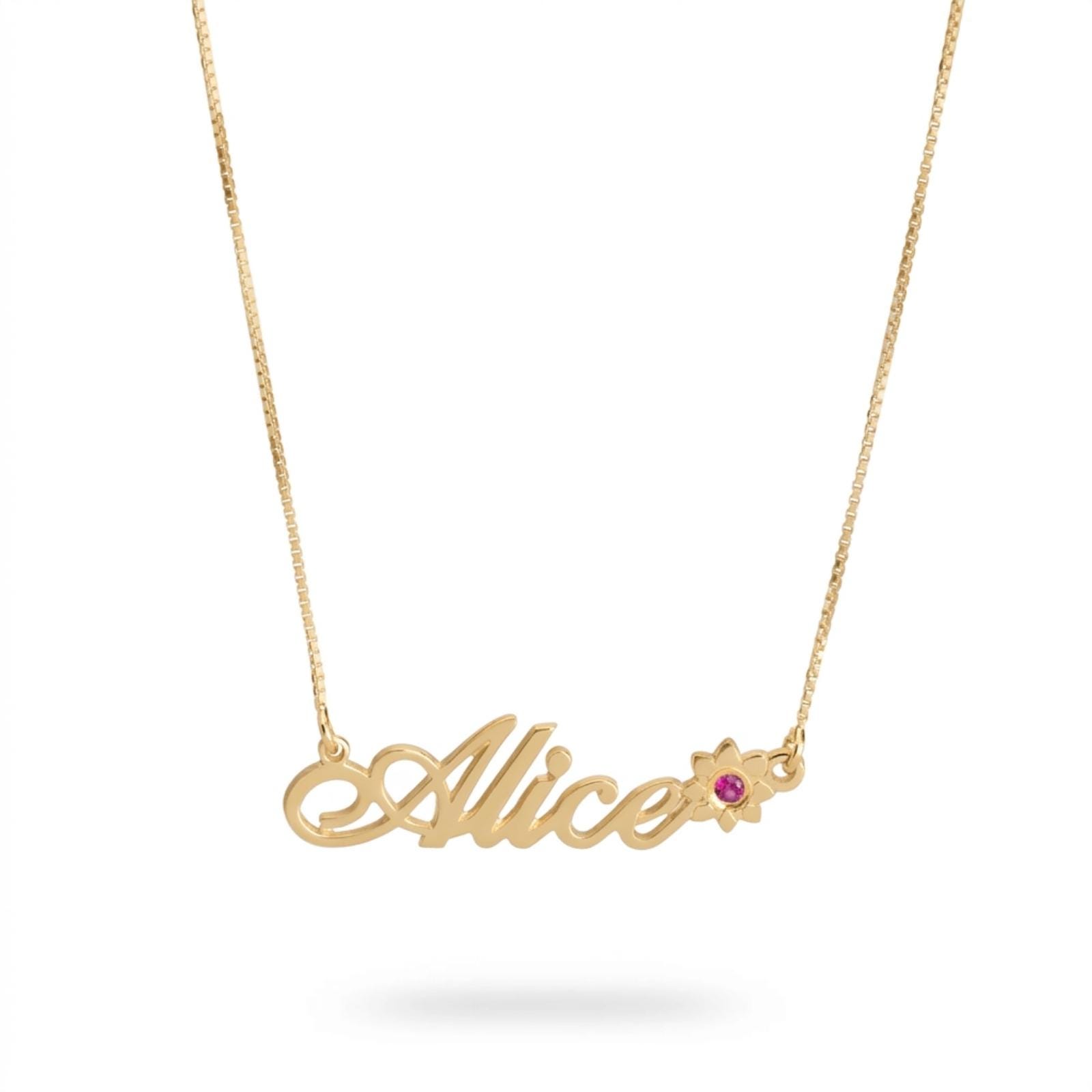 Solid Gold Name Necklace 14K Yellow or White, Birthstone Flower Charm, Cursive Nameplate 45mm Solid Gold Name Necklace 14K Yellow or White, Birthstone Flower Charm, Cursive Nameplate 45mm