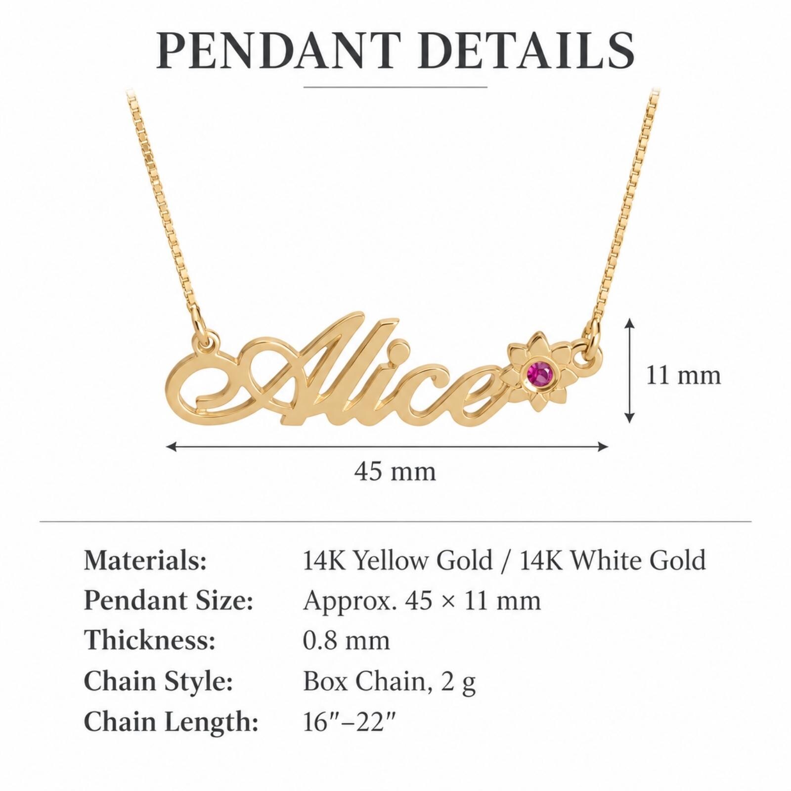 Solid Gold Name Necklace 14K Yellow or White, Birthstone Flower Charm, Cursive Nameplate 45mm Solid Gold Name Necklace 14K Yellow or White, Birthstone Flower Charm, Cursive Nameplate 45mm