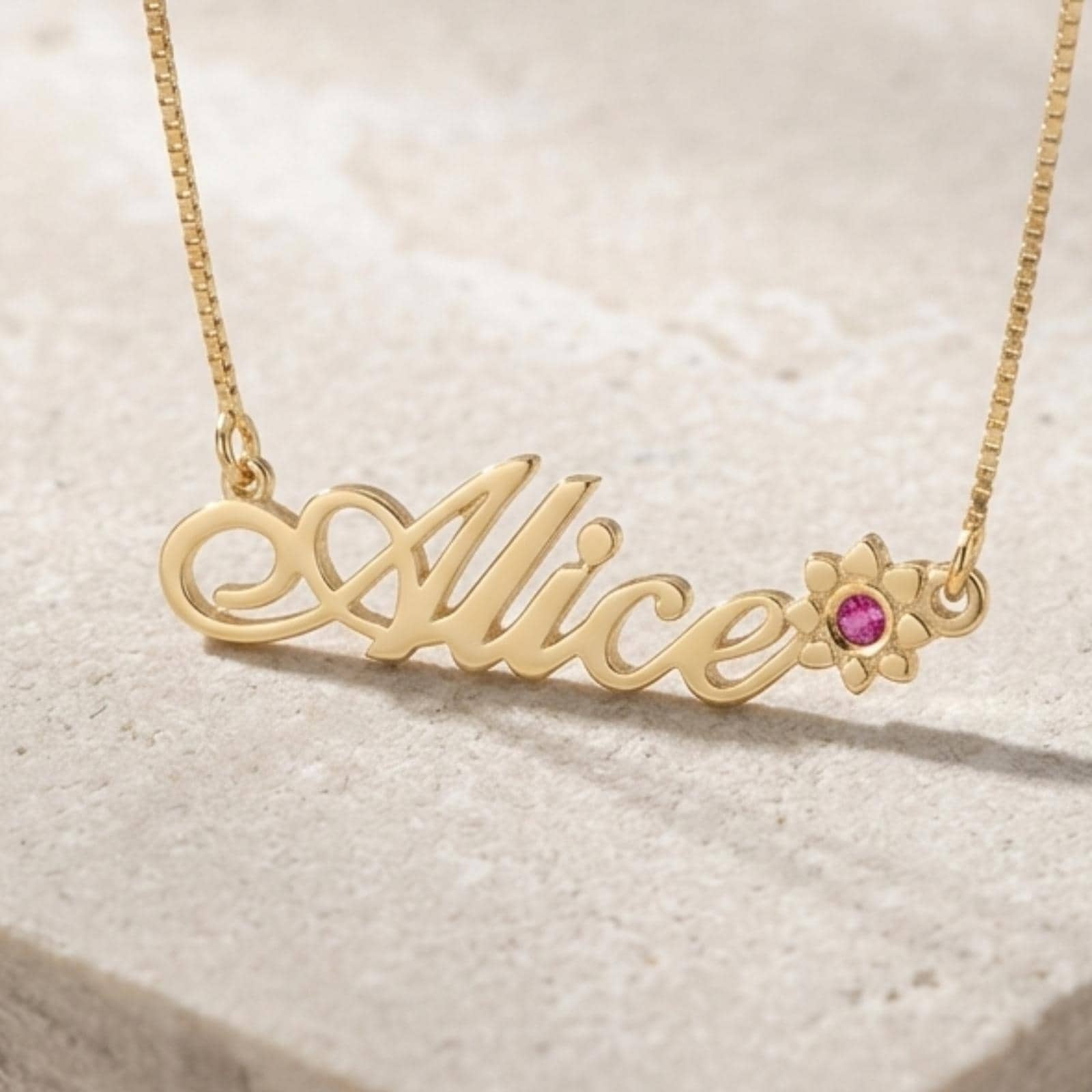 Solid Gold Name Necklace 14K Yellow or White, Birthstone Flower Charm, Cursive Nameplate 45mm Solid Gold Name Necklace 14K Yellow or White, Birthstone Flower Charm, Cursive Nameplate 45mm