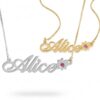Solid Gold Name Necklace 14K Yellow or White, Birthstone Flower Charm, Cursive Nameplate 45mm - handmade in Israel