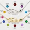 Solid Gold Name Necklace 14K Yellow or White, Birthstone Flower Charm, Cursive Nameplate 45mm - handmade in Israel