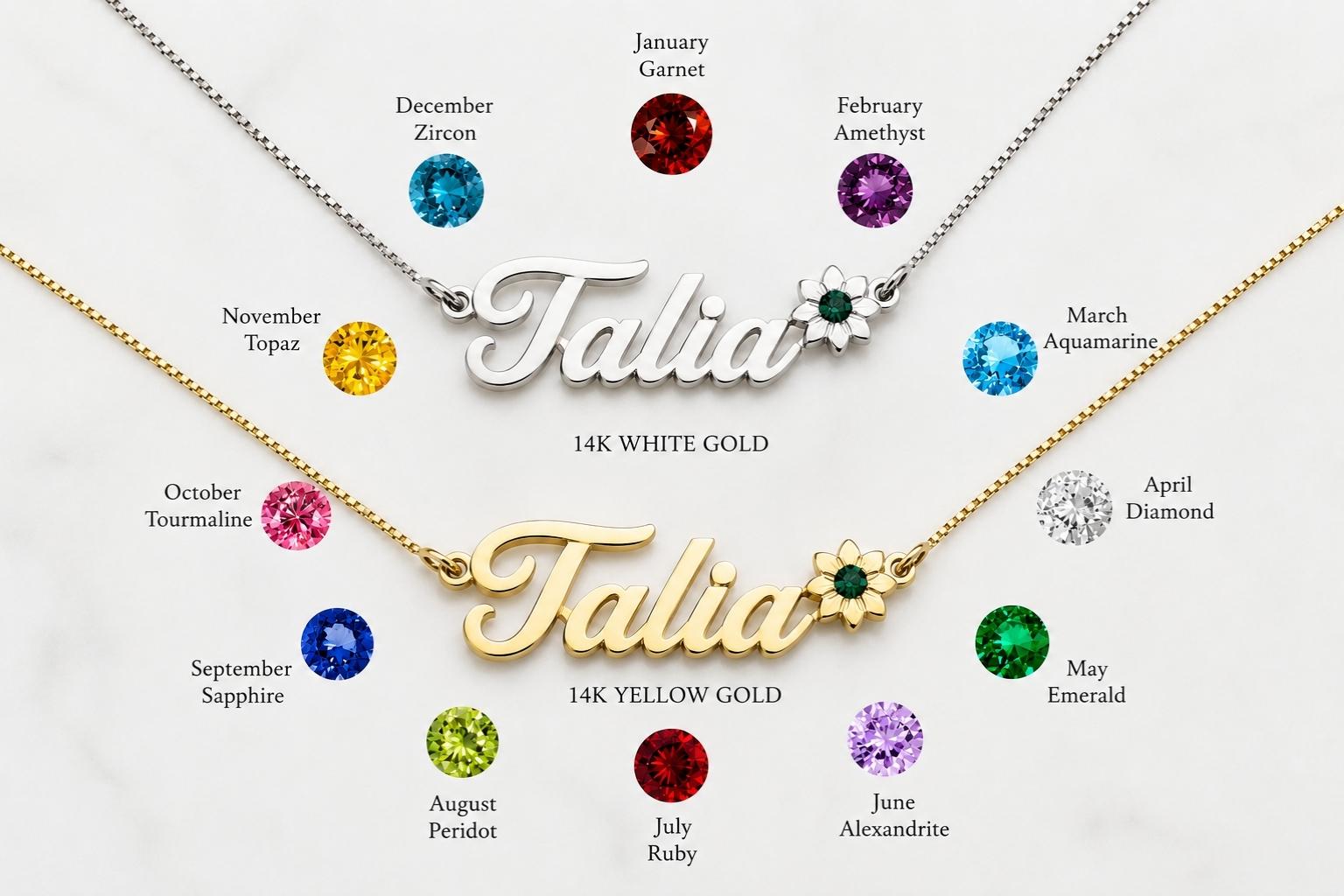 Solid Gold Name Necklace 14K Yellow or White, Birthstone Flower Charm, Cursive Nameplate 45mm Solid Gold Name Necklace 14K Yellow or White, Birthstone Flower Charm, Cursive Nameplate 45mm