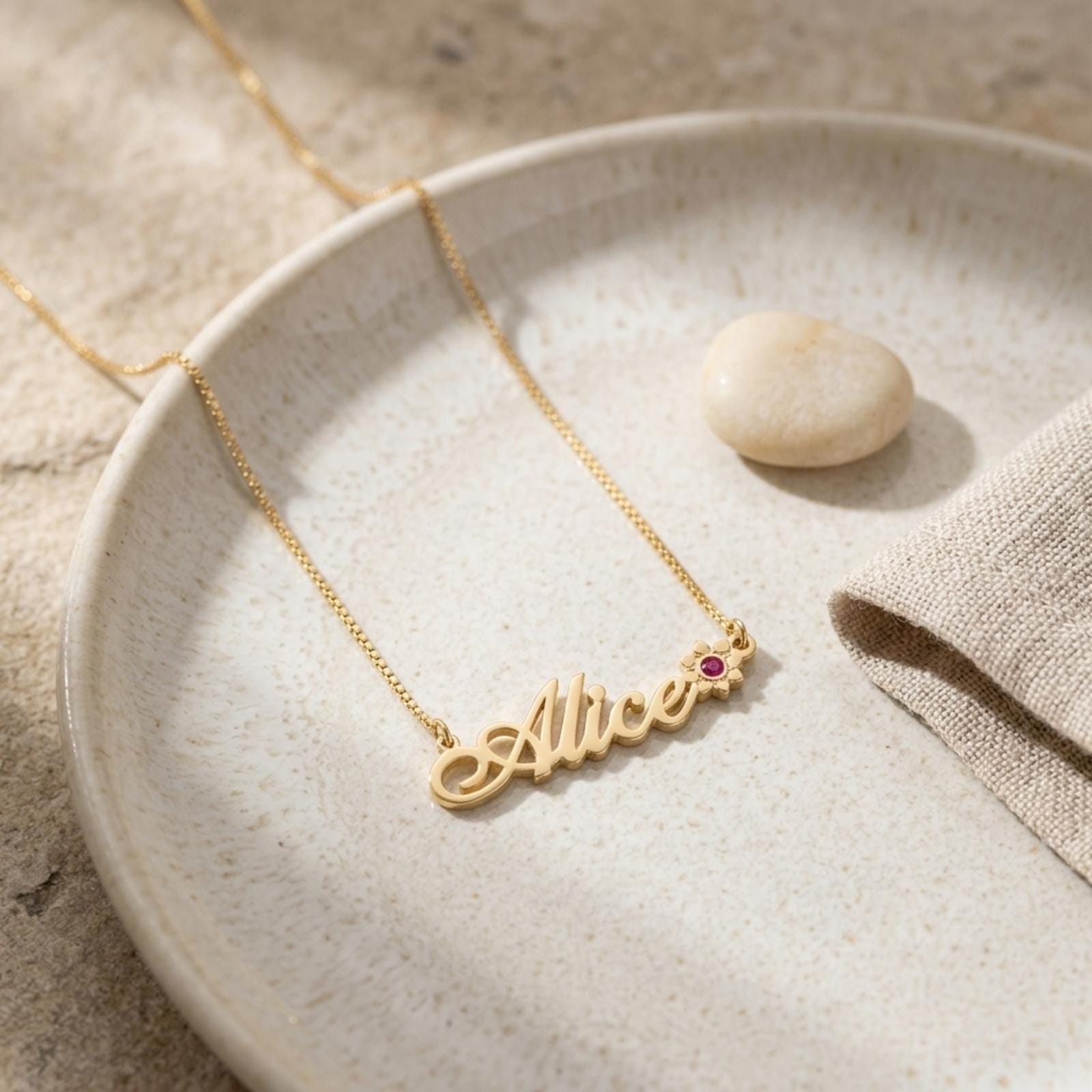 Solid Gold Name Necklace 14K Yellow or White, Birthstone Flower Charm, Cursive Nameplate 45mm Solid Gold Name Necklace 14K Yellow or White, Birthstone Flower Charm, Cursive Nameplate 45mm