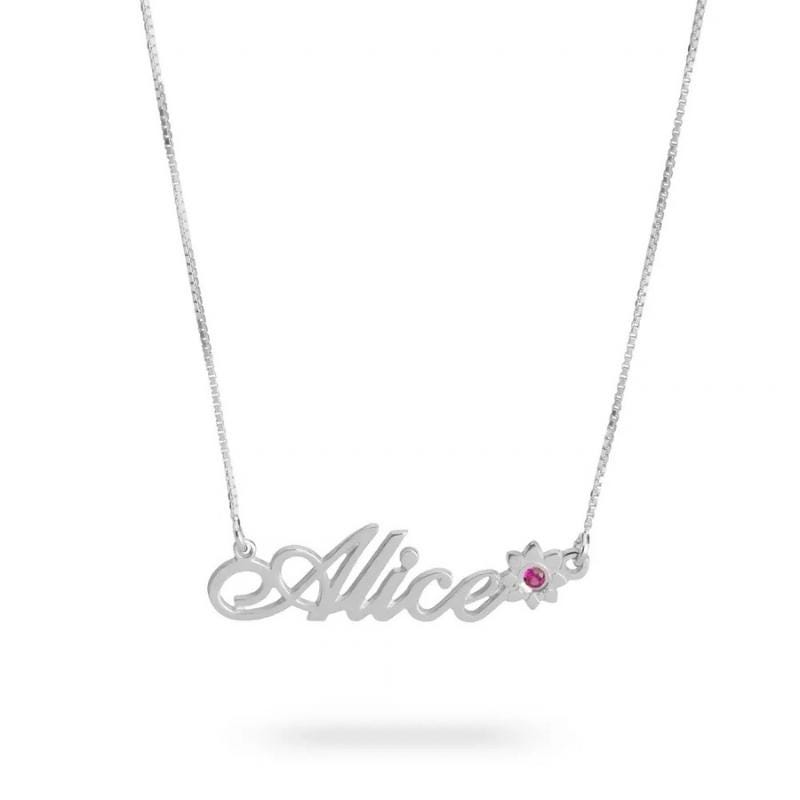 Solid Gold Name Necklace 14K Yellow or White, Birthstone Flower Charm, Cursive Nameplate 45mm Solid Gold Name Necklace 14K Yellow or White, Birthstone Flower Charm, Cursive Nameplate 45mm