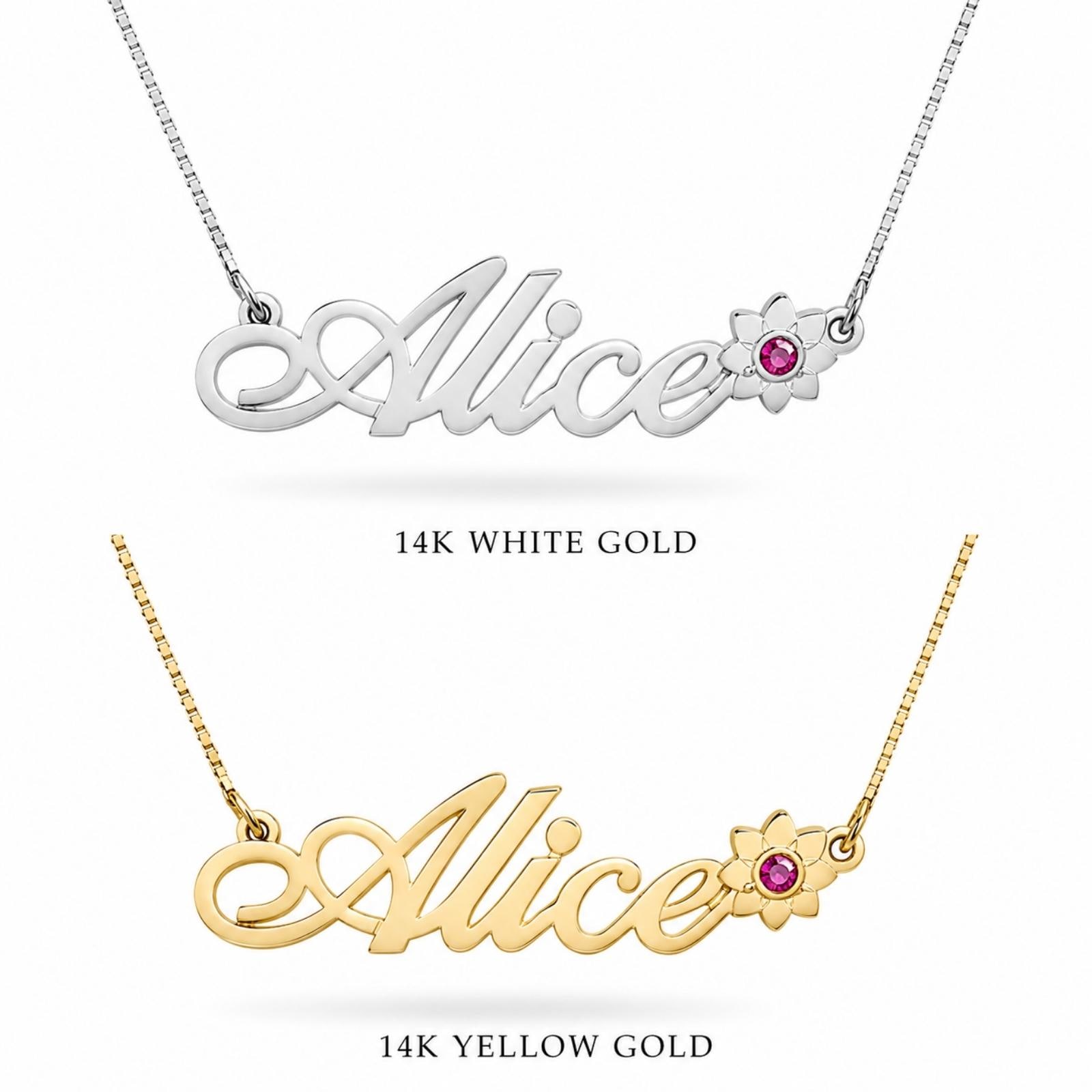 Solid Gold Name Necklace 14K Yellow or White, Birthstone Flower Charm, Cursive Nameplate 45mm Solid Gold Name Necklace 14K Yellow or White, Birthstone Flower Charm, Cursive Nameplate 45mm