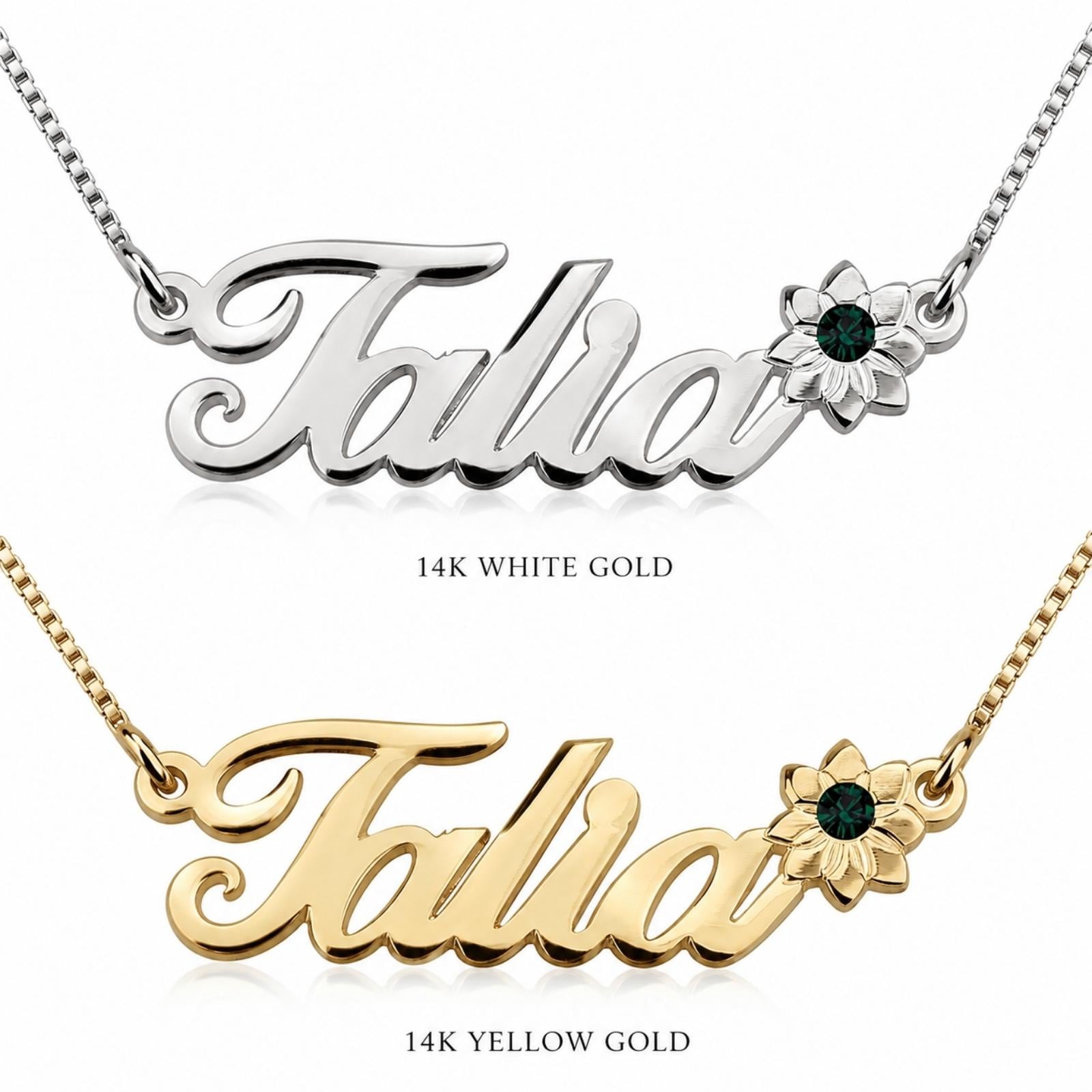 Solid Gold Name Necklace 14K Yellow or White, Birthstone Flower Charm, Cursive Nameplate 45mm Solid Gold Name Necklace 14K Yellow or White, Birthstone Flower Charm, Cursive Nameplate 45mm