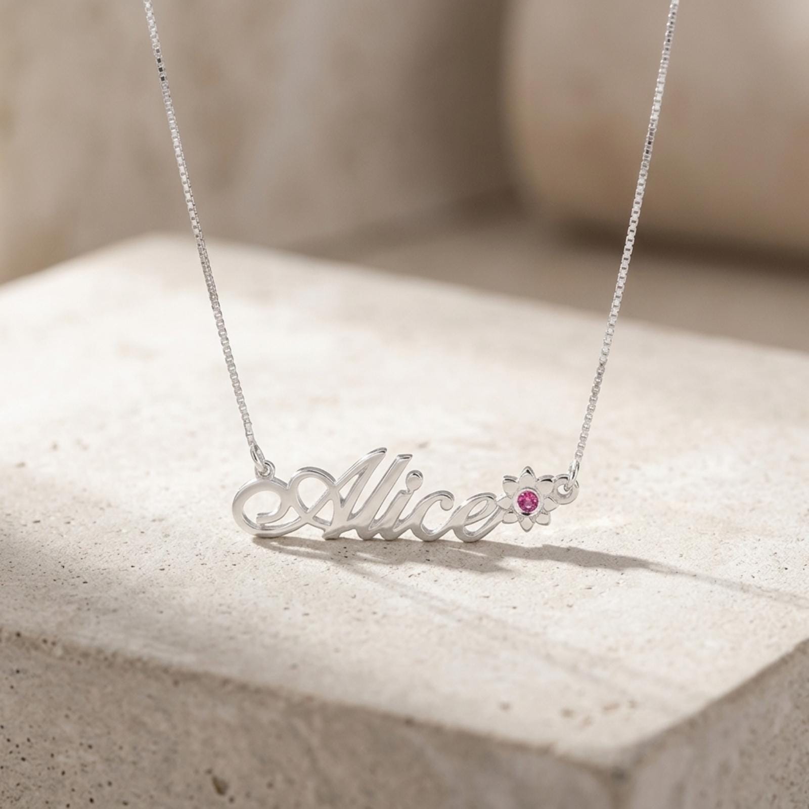 Solid Gold Name Necklace 14K Yellow or White, Birthstone Flower Charm, Cursive Nameplate 45mm Solid Gold Name Necklace 14K Yellow or White, Birthstone Flower Charm, Cursive Nameplate 45mm