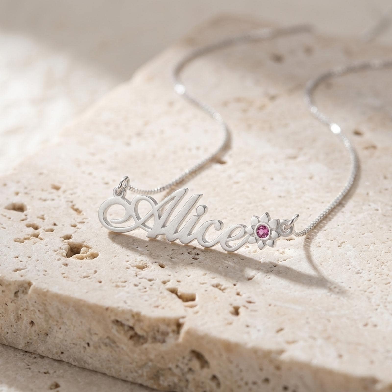 Solid Gold Name Necklace 14K Yellow or White, Birthstone Flower Charm, Cursive Nameplate 45mm Solid Gold Name Necklace 14K Yellow or White, Birthstone Flower Charm, Cursive Nameplate 45mm