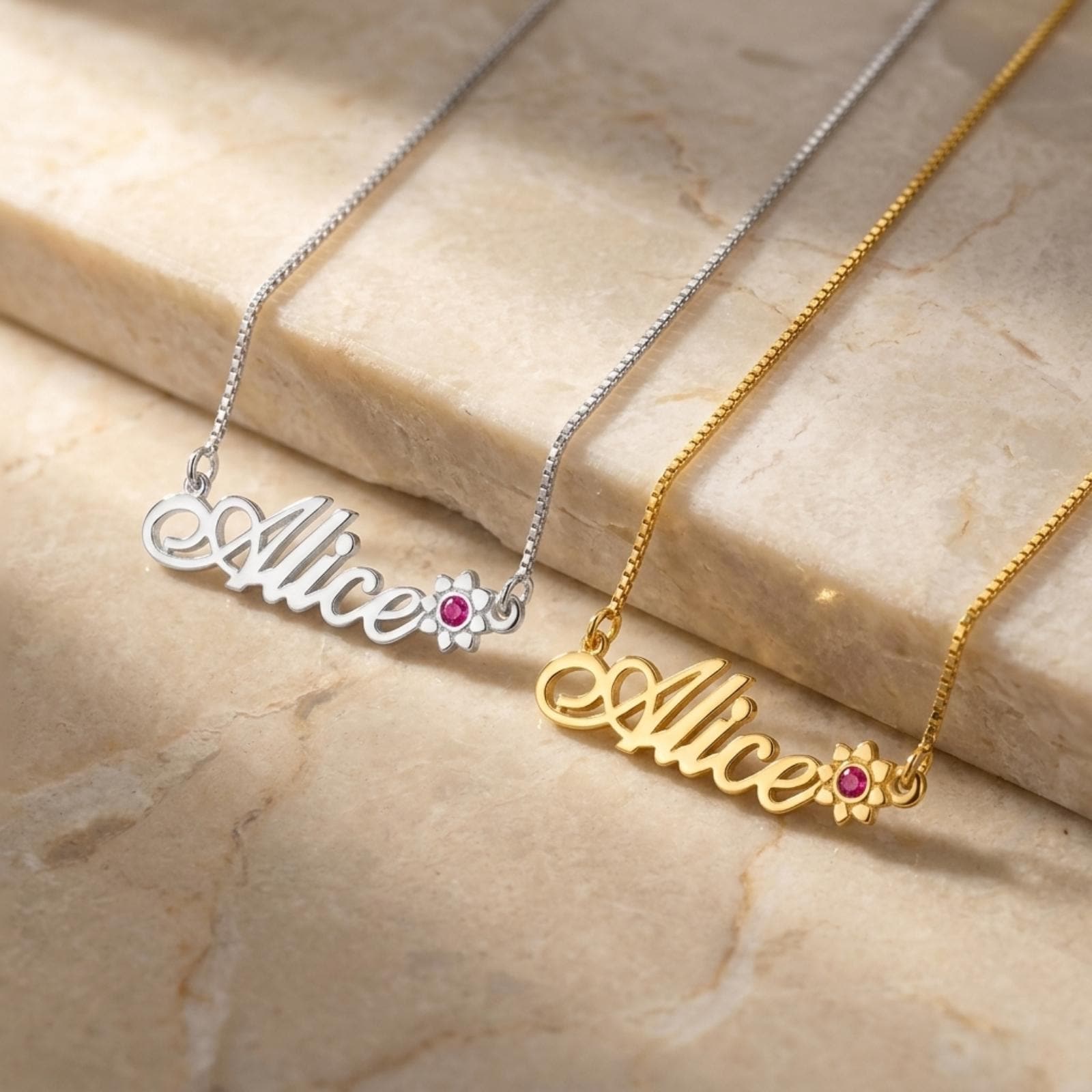 Solid Gold Name Necklace 14K Yellow or White, Birthstone Flower Charm, Cursive Nameplate 45mm Solid Gold Name Necklace 14K Yellow or White, Birthstone Flower Charm, Cursive Nameplate 45mm