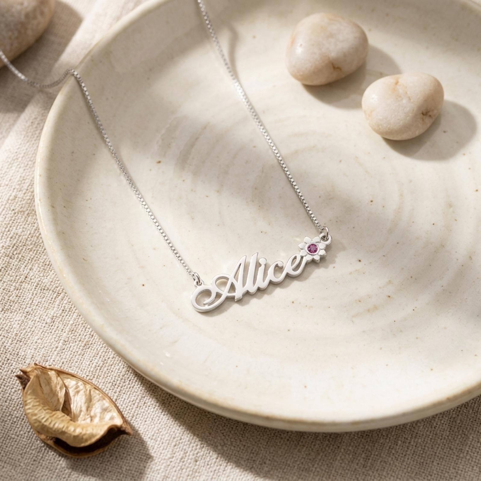 Solid Gold Name Necklace 14K Yellow or White, Birthstone Flower Charm, Cursive Nameplate 45mm Solid Gold Name Necklace 14K Yellow or White, Birthstone Flower Charm, Cursive Nameplate 45mm