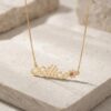 Solid Gold Name Necklace 14K Yellow or White, Birthstone Flower Charm, Cursive Nameplate 45mm - handmade in Israel