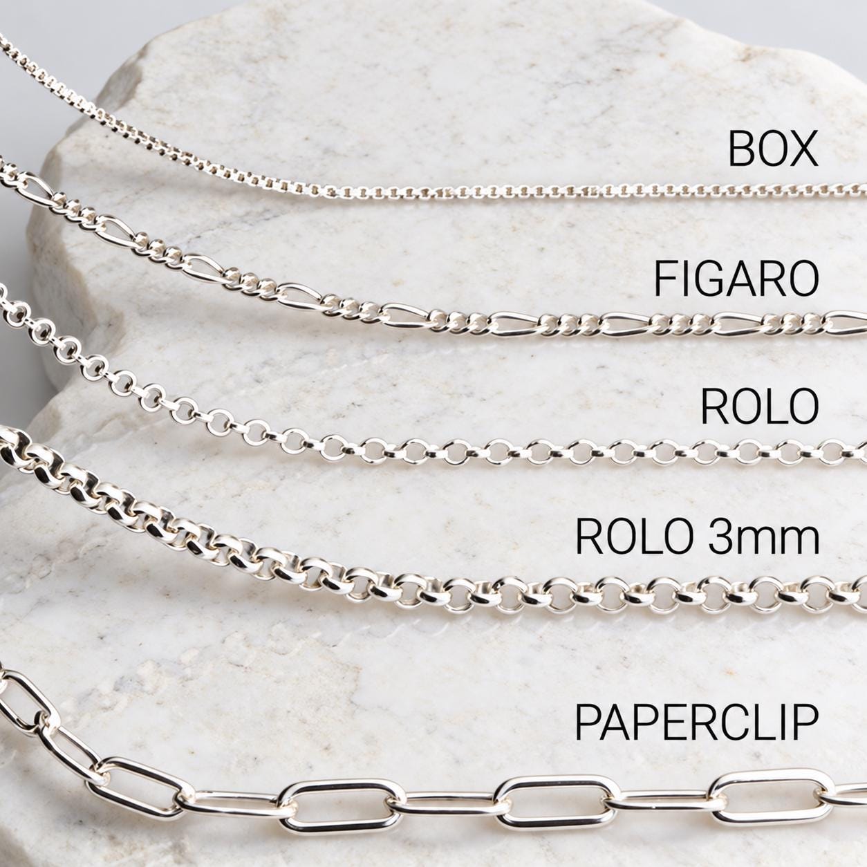 Sterling Silver Chain Only, Box, Rolo, Figaro, Cuban, Paperclip or Rope Sterling Silver Chain Only, Box, Rolo, Figaro, Cuban, Paperclip or Rope