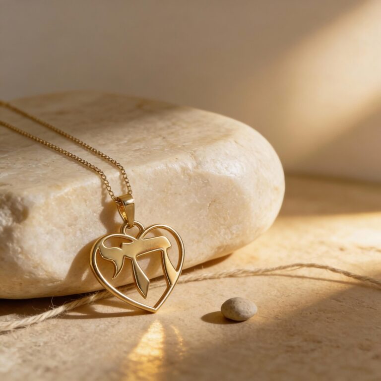 14K Gold Heart Necklace with Hebrew Chai, Solid Yellow or White, 21mm Judaica Pendant