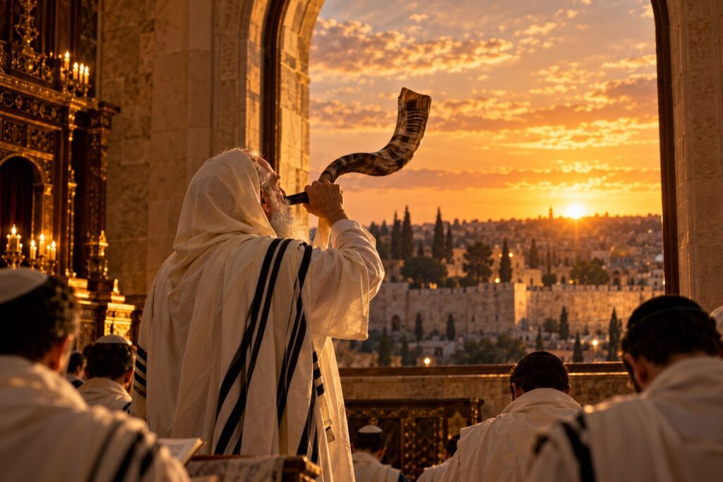 A man in a white tallit blowing the shofar at the end of Yom Kippur, with the sunset over Jerusalem in the window
