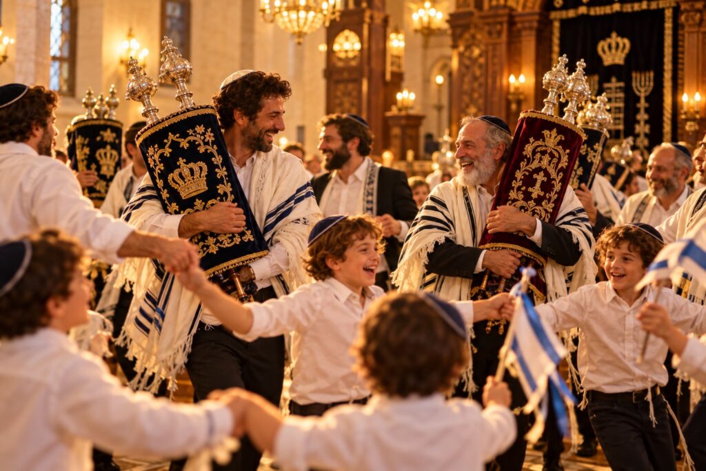 Men and children dancing joyfully with Torah scrolls in the synagogue on Simchat Torah