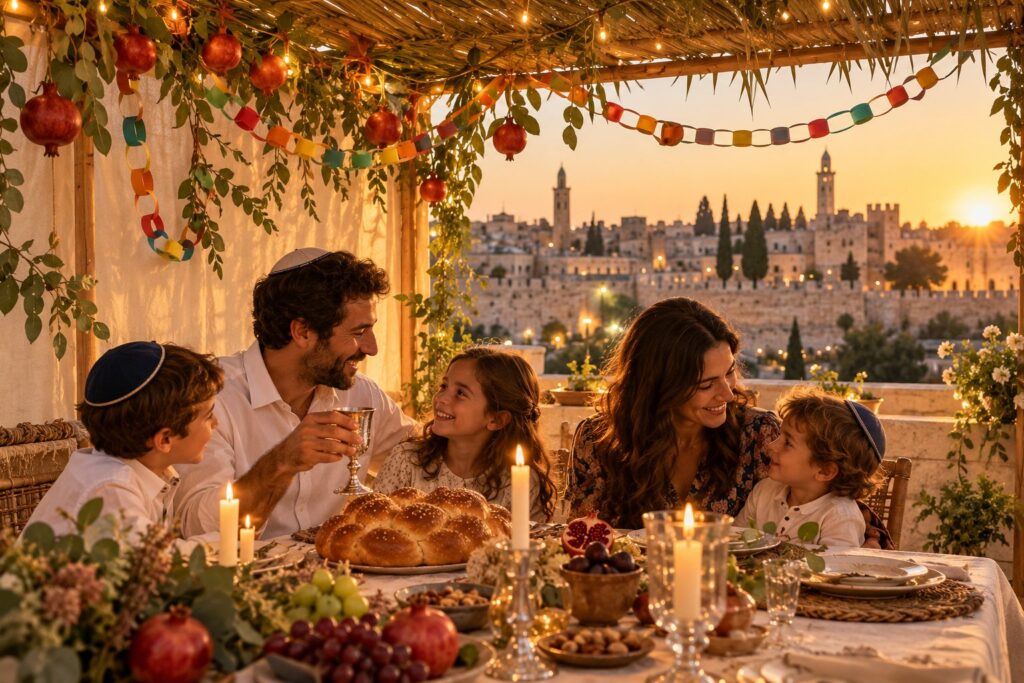 A Jewish family celebrating Sukkot at a festive table inside a decorated sukkah overlooking the Old City of Jerusalem at sunset